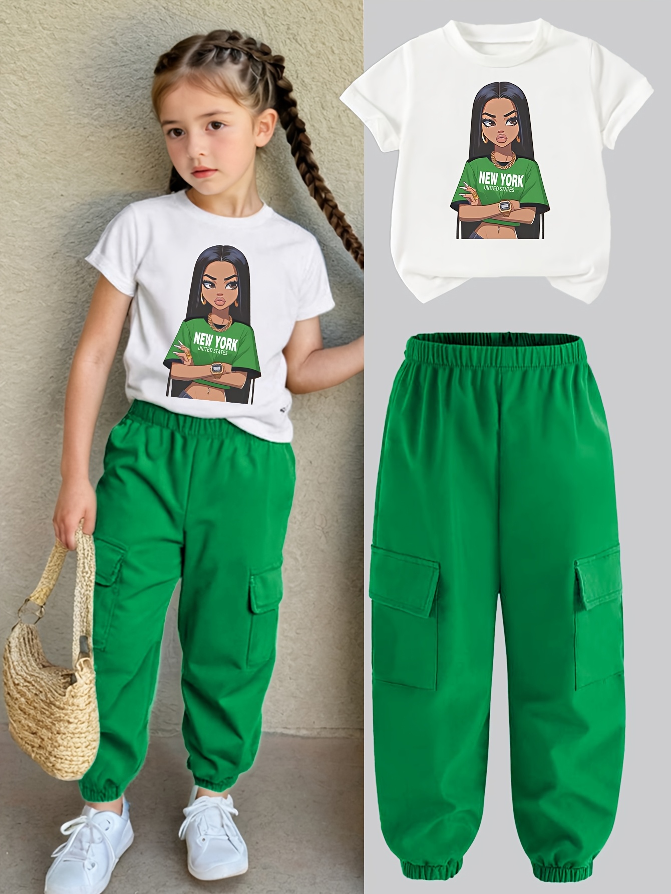 Teen Girls Y2K Streetwear T-Shirt Cargo Pants 2-Piece Set Spring Summer - 图片 6