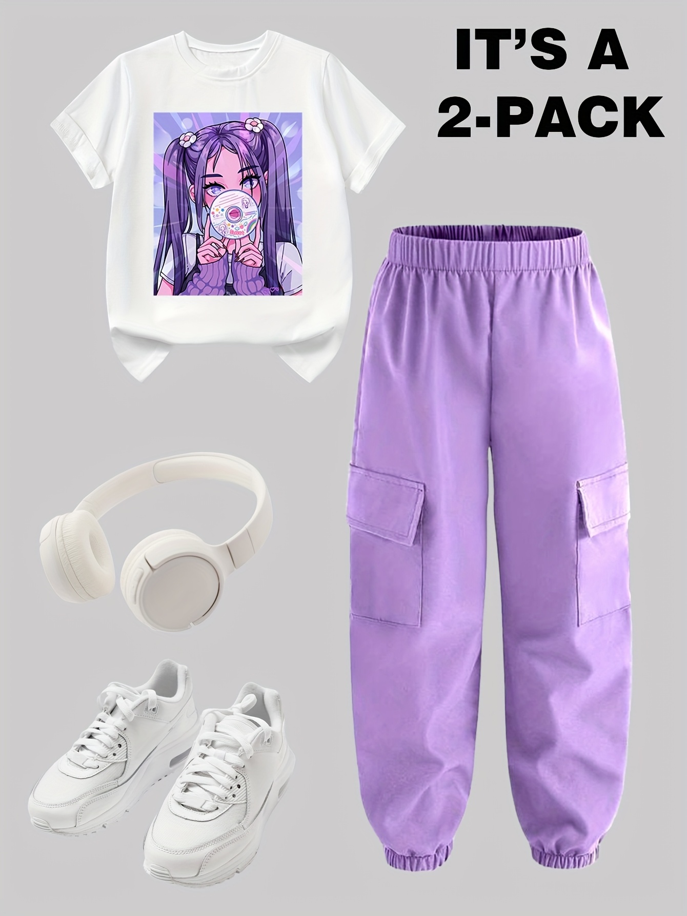 Teen Girls Y2K Streetwear T-Shirt Cargo Pants 2-Piece Set Spring Summer - 图片 9