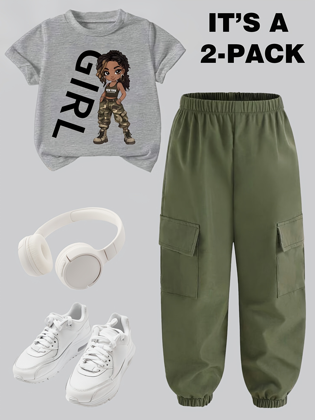 Teen Girls Y2K Streetwear T-Shirt Cargo Pants 2-Piece Set Spring Summer - 图片 26