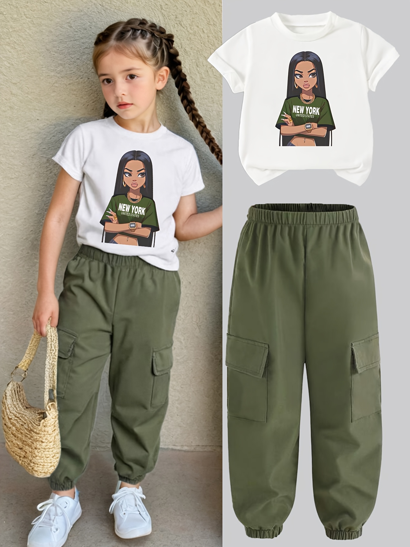 Teen Girls Y2K Streetwear T-Shirt Cargo Pants 2-Piece Set Spring Summer - 图片 8