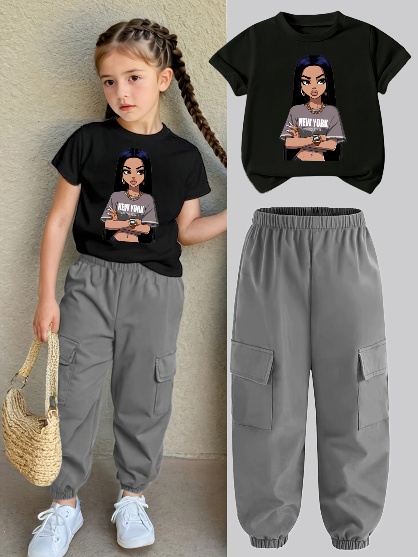 Teen Girls Y2K Streetwear T-Shirt Cargo Pants 2-Piece Set Spring Summer - 图片 4