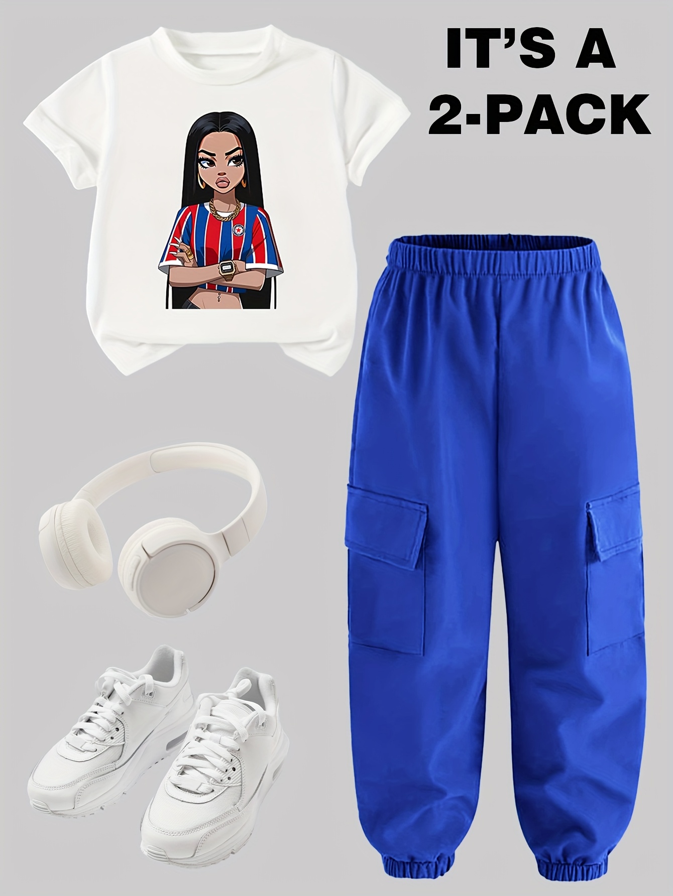Teen Girls Y2K Streetwear T-Shirt Cargo Pants 2-Piece Set Spring Summer - 图片 14