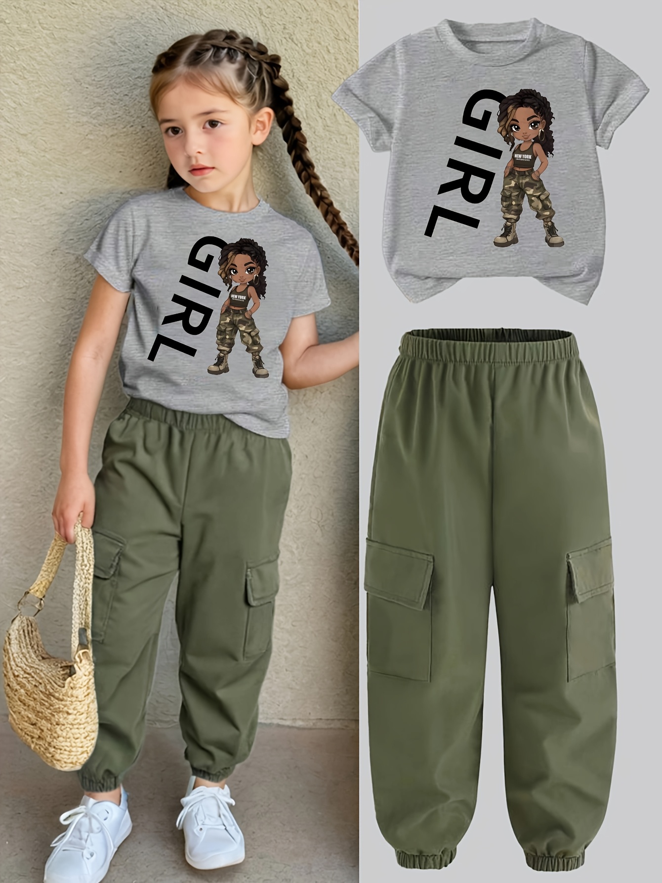 Teen Girls Y2K Streetwear T-Shirt Cargo Pants 2-Piece Set Spring Summer - 图片 5
