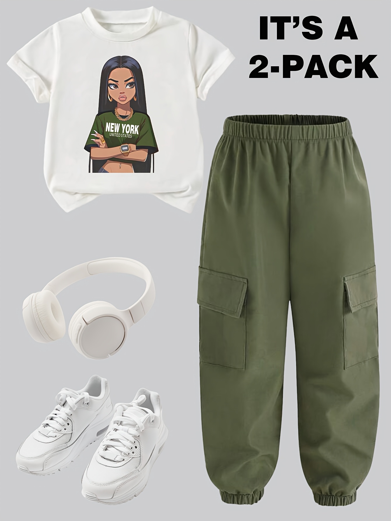 Teen Girls Y2K Streetwear T-Shirt Cargo Pants 2-Piece Set Spring Summer - 图片 42