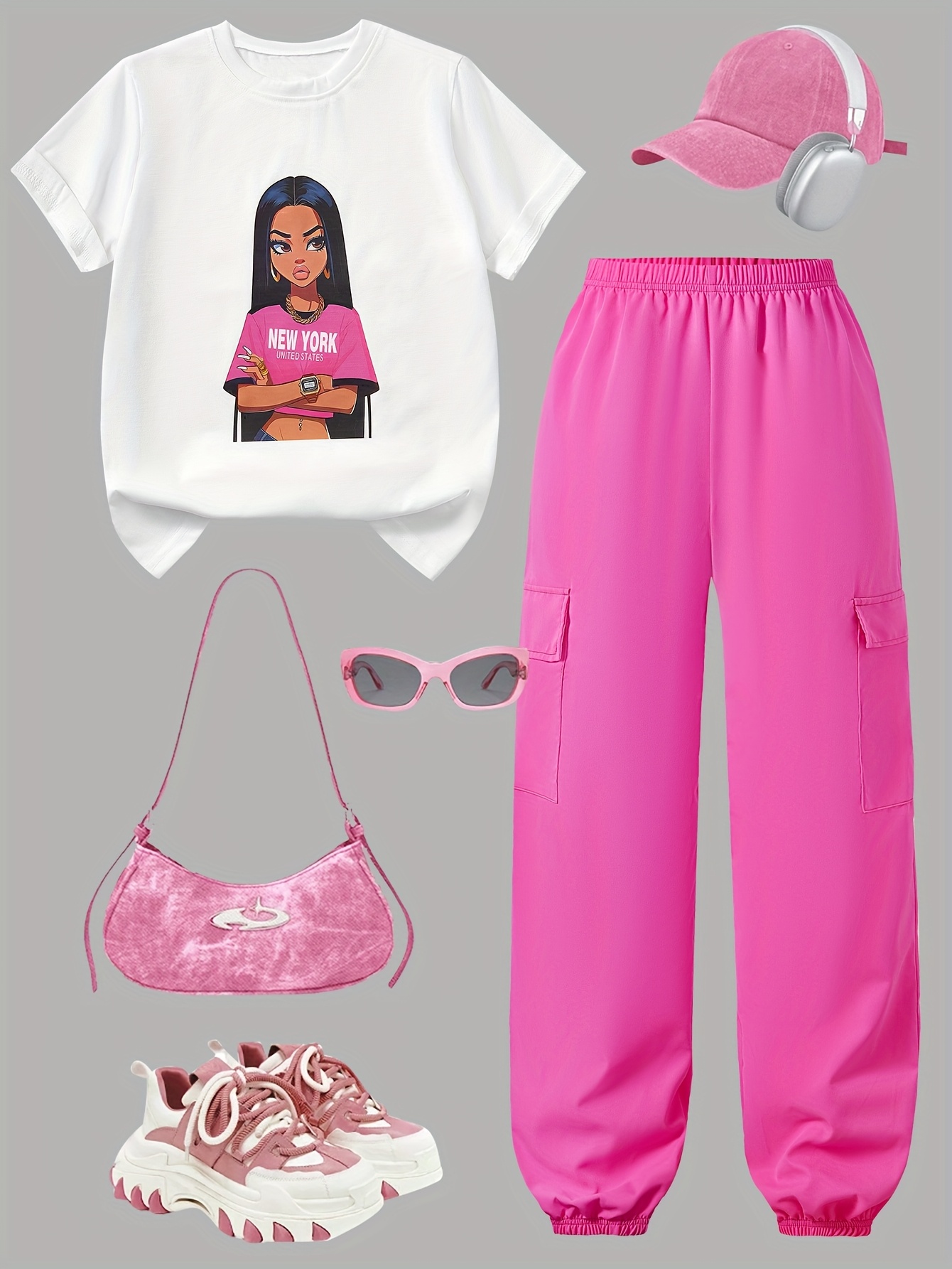 Teen Girls Y2K Streetwear T-Shirt Cargo Pants 2-Piece Set Spring Summer - 图片 36