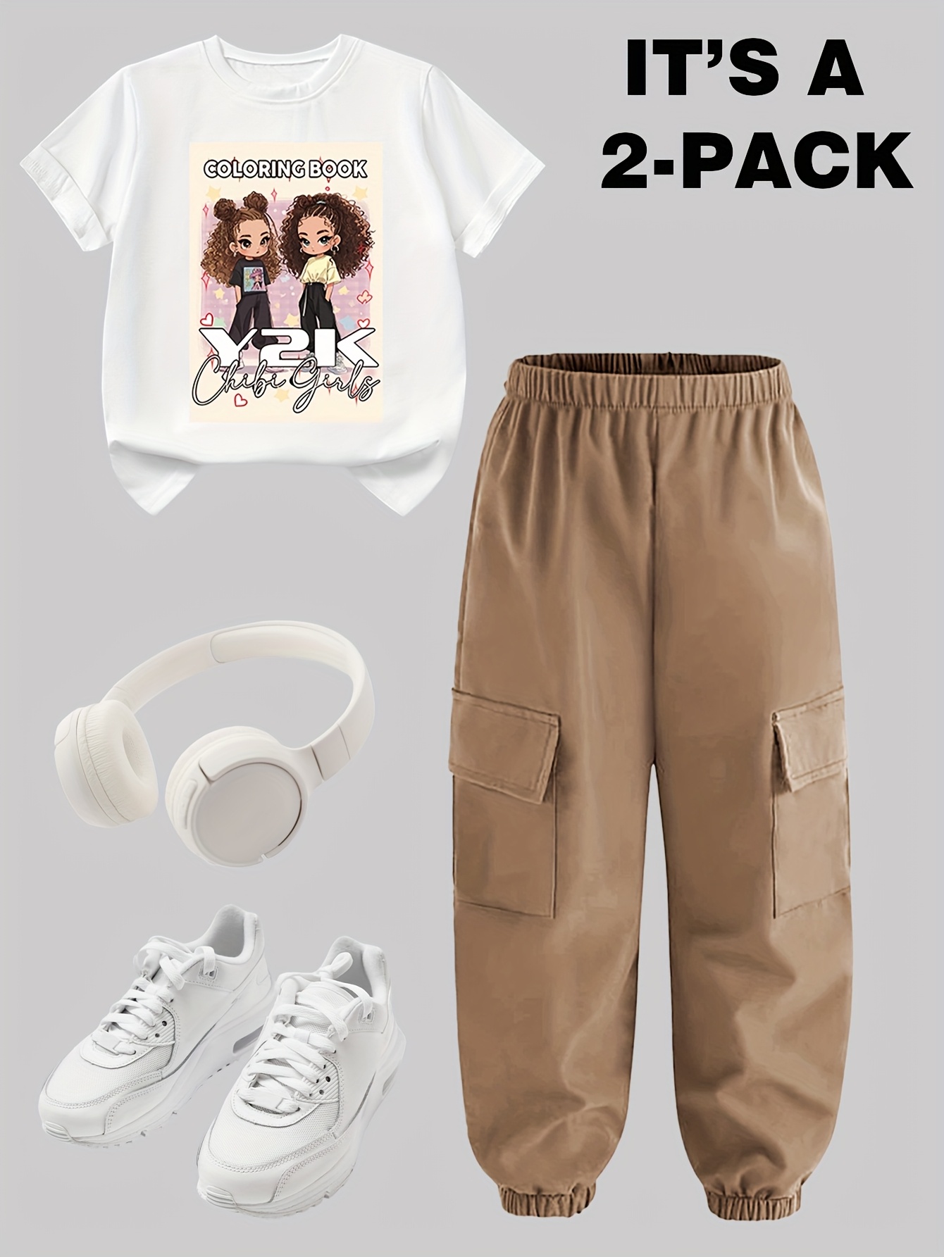 Teen Girls Y2K Streetwear T-Shirt Cargo Pants 2-Piece Set Spring Summer - 图片 17