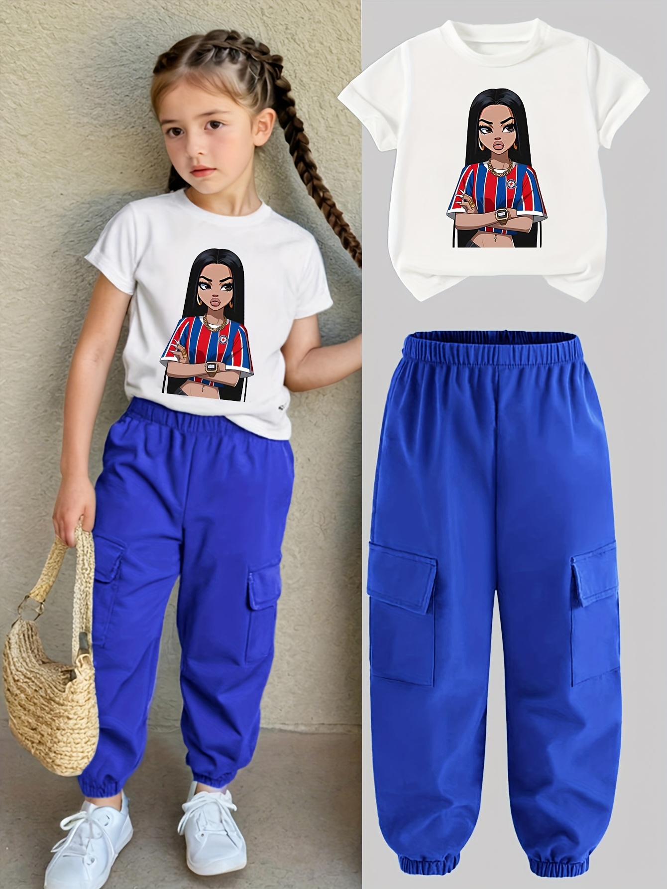 Teen Girls Y2K Streetwear T-Shirt Cargo Pants 2-Piece Set Spring Summer - 图片 2