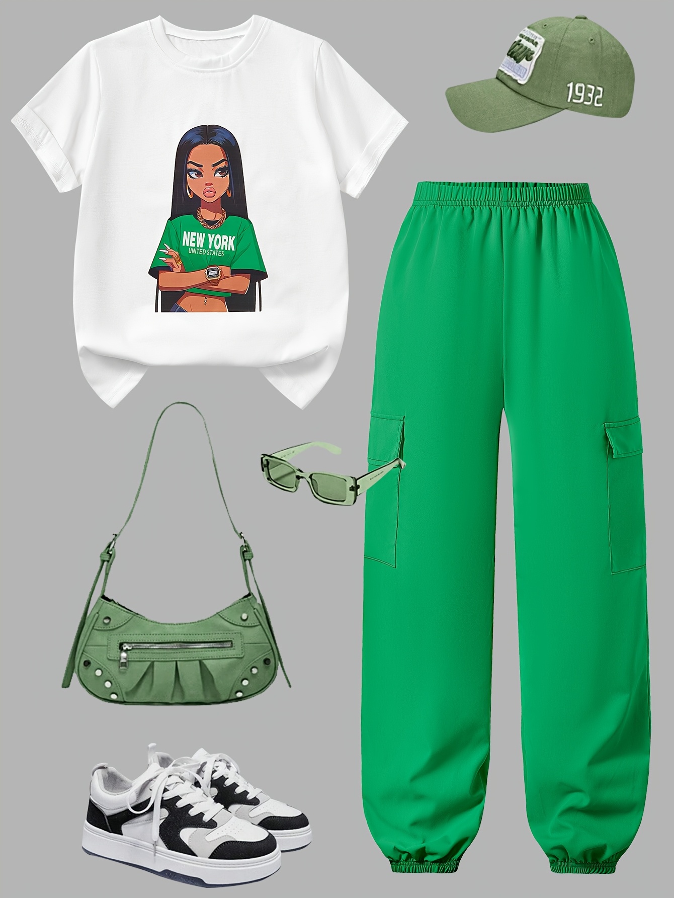 Teen Girls Y2K Streetwear T-Shirt Cargo Pants 2-Piece Set Spring Summer - 图片 30