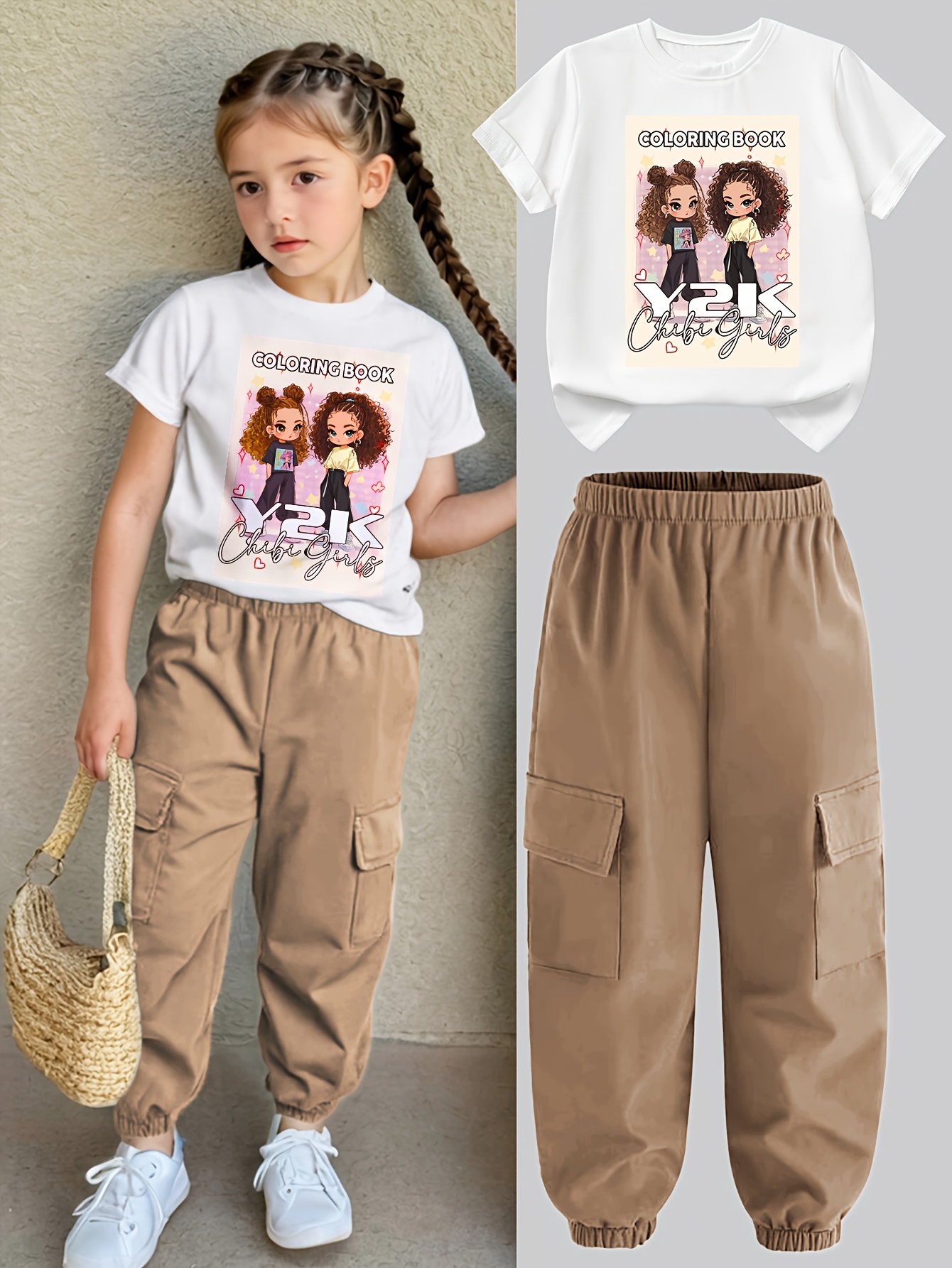 Teen Girls Y2K Streetwear T-Shirt Cargo Pants 2-Piece Set Spring Summer - 图片 3