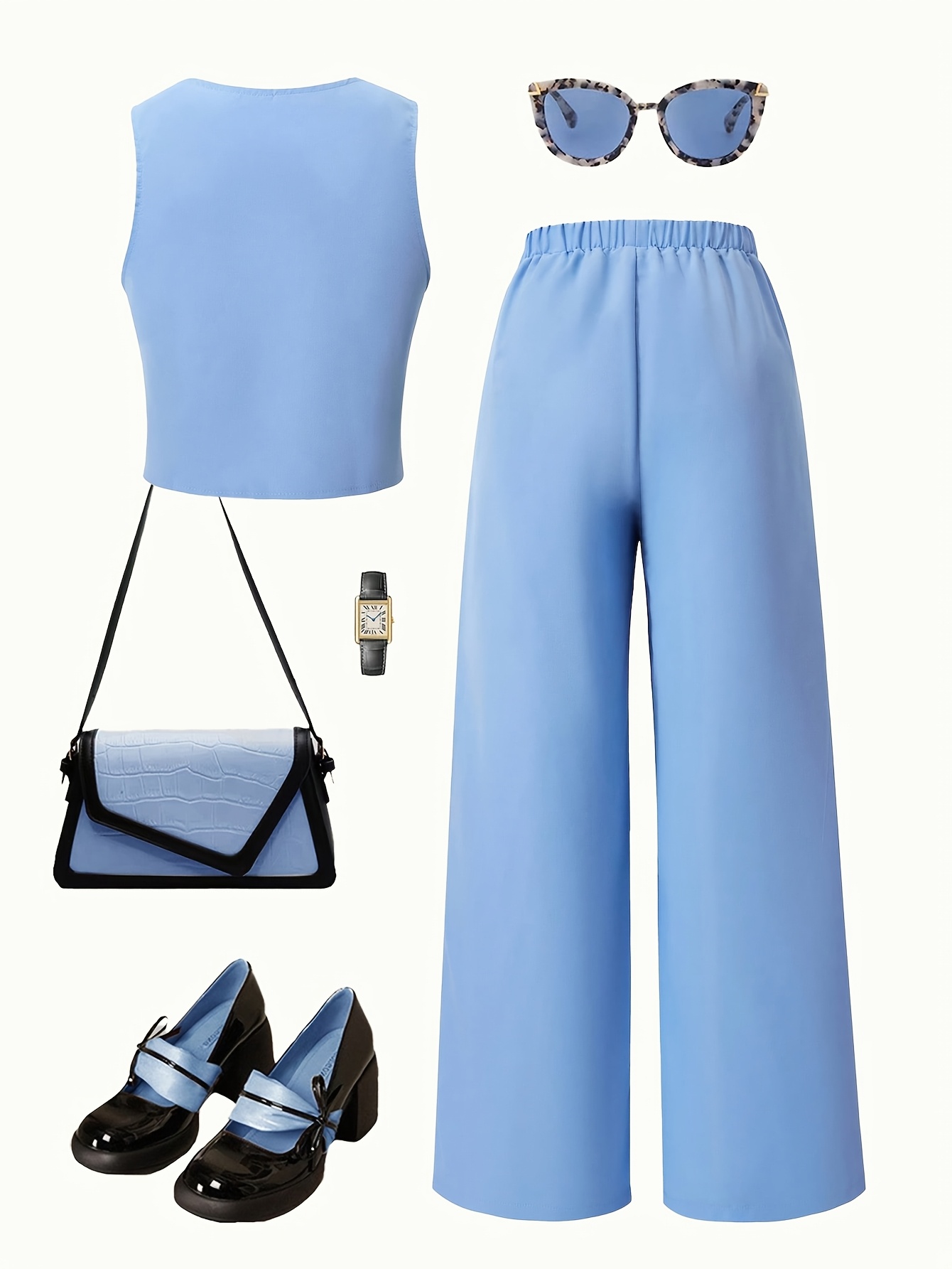 Girls Blazer Vest Wide Leg Pants 2-Piece Set Solid Spring Summer Stretch - 图片 3