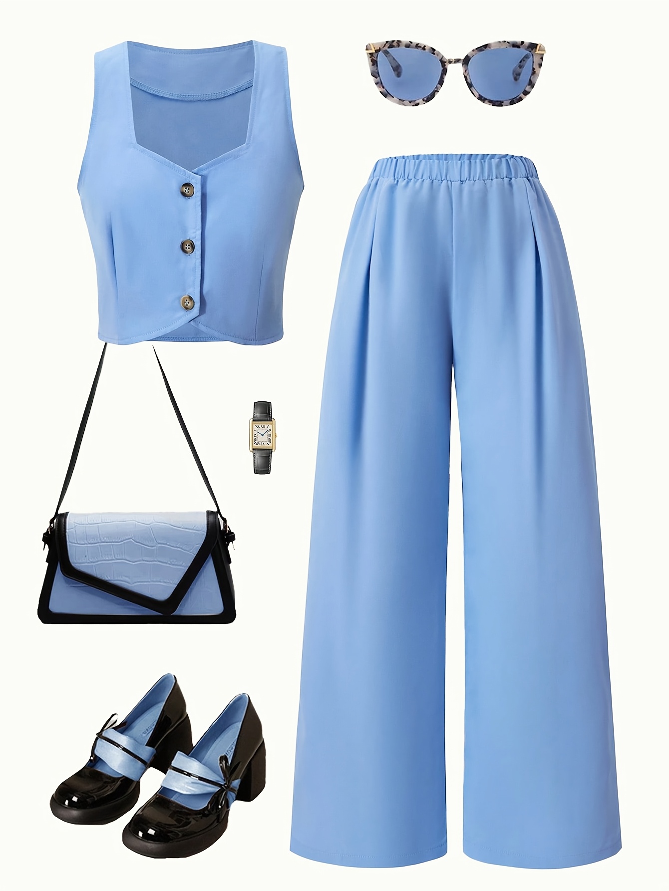 Girls Blazer Vest Wide Leg Pants 2-Piece Set Solid Spring Summer Stretch - 图片 2