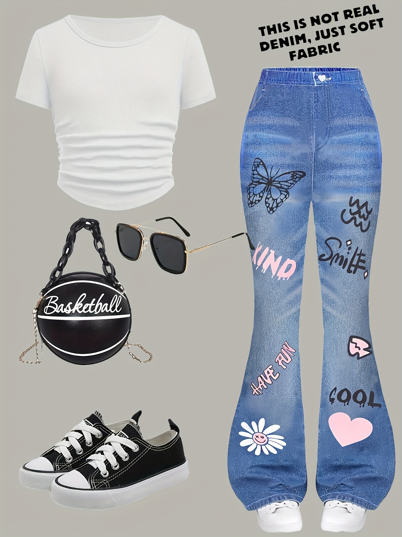 Girls Bow Print Star Print T-Shirt Wide Leg Jeans 2-Piece Set Summer - 图片 4