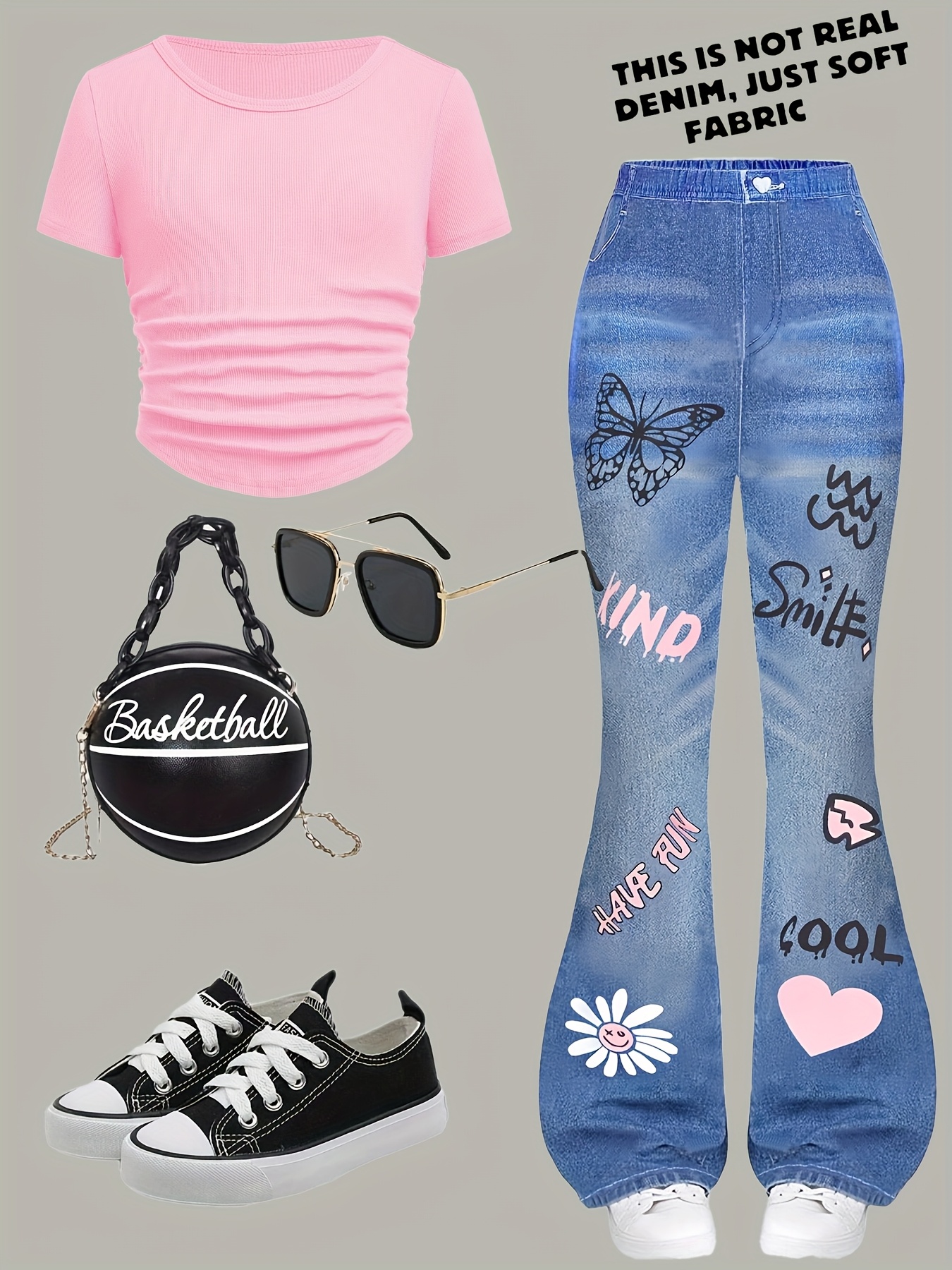 Girls Bow Print Star Print T-Shirt Wide Leg Jeans 2-Piece Set Summer - 图片 9