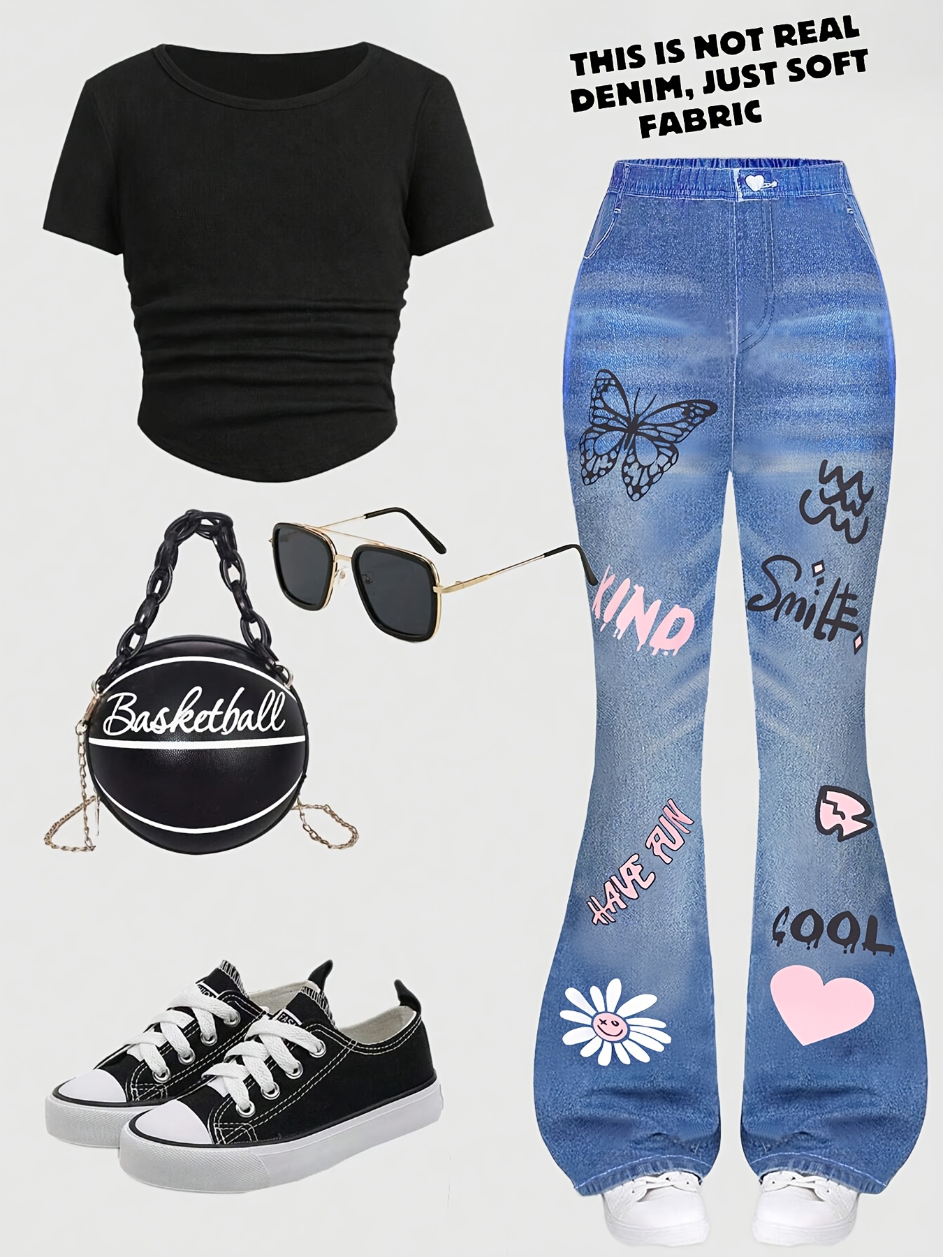 Girls Bow Print Star Print T-Shirt Wide Leg Jeans 2-Piece Set Summer - 图片 3