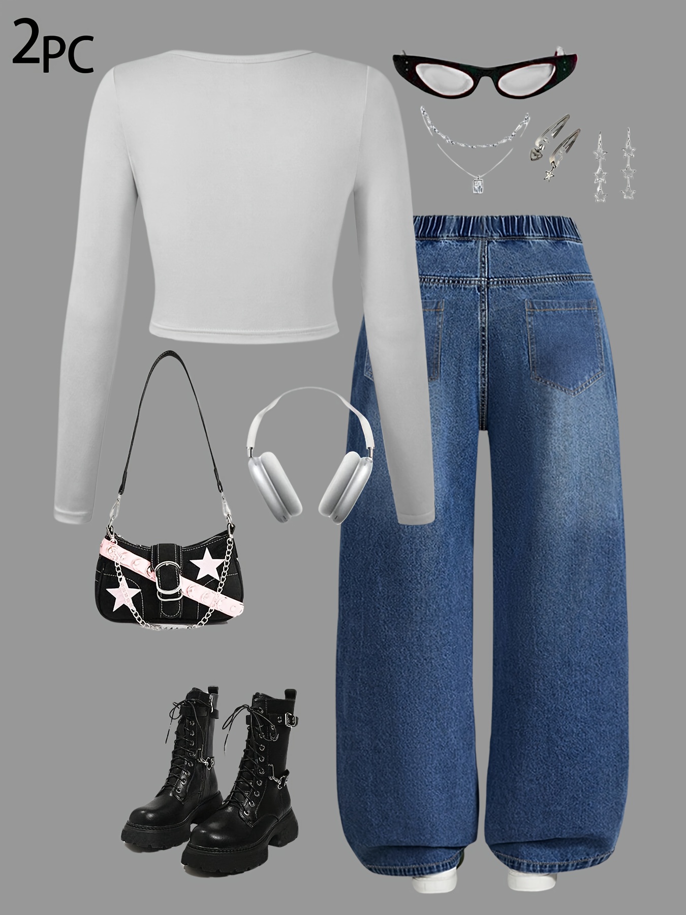 Girls Letter Print Washed Denim Long Sleeve Top Wide Leg Jeans 2-Piece Set Fall - 图片 5