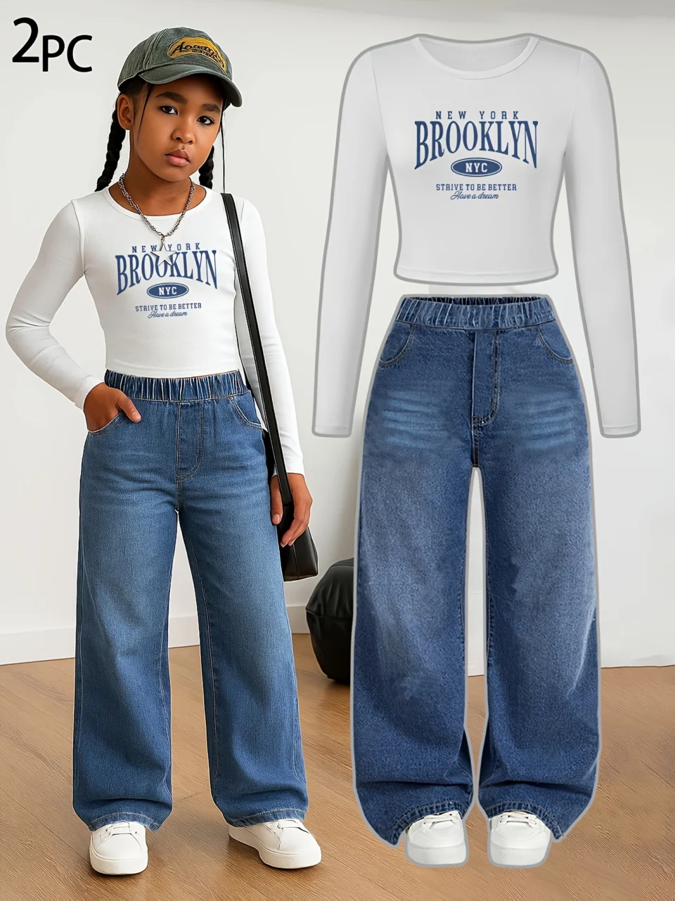 Girls Letter Print Washed Denim Long Sleeve Top Wide Leg Jeans 2-Piece Set Fall