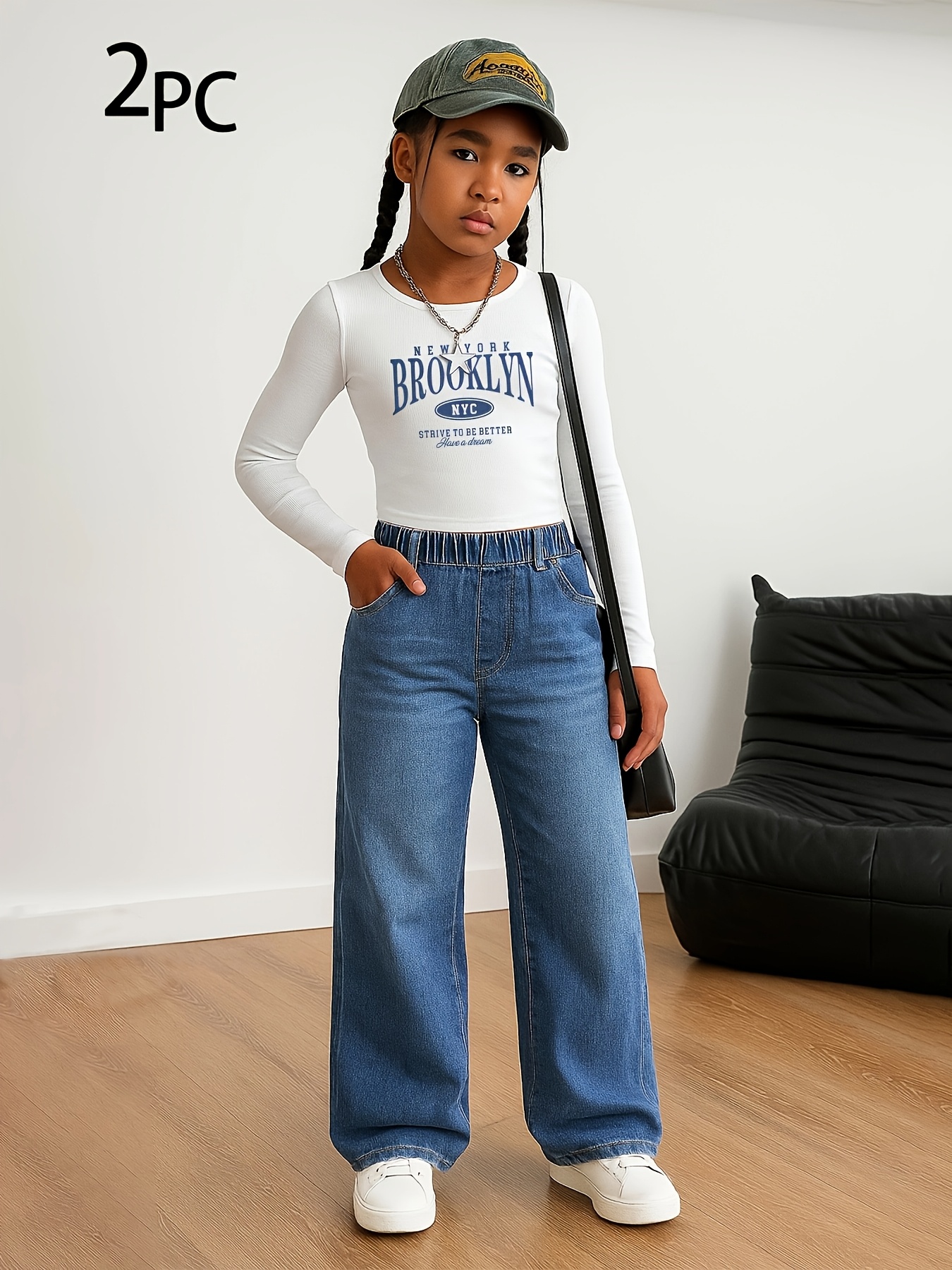 Girls Letter Print Washed Denim Long Sleeve Top Wide Leg Jeans 2-Piece Set Fall - 图片 2