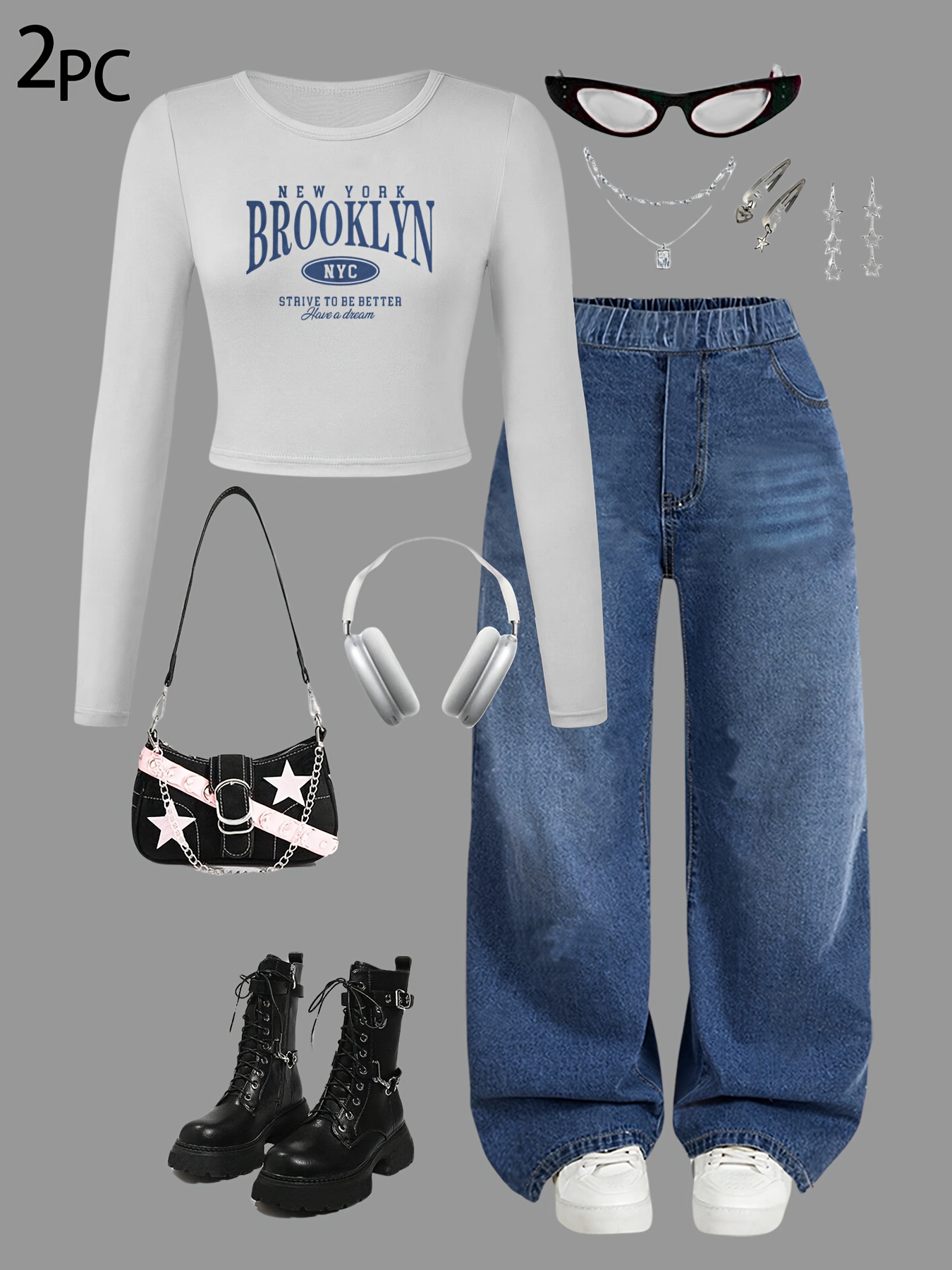Girls Letter Print Washed Denim Long Sleeve Top Wide Leg Jeans 2-Piece Set Fall - 图片 4