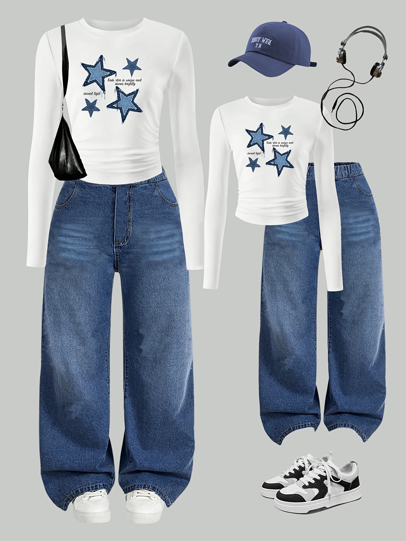 Girls Star Print Washed Denim Long Sleeve Top Wide Leg Jeans 2-Piece Set Fall - 图片 5