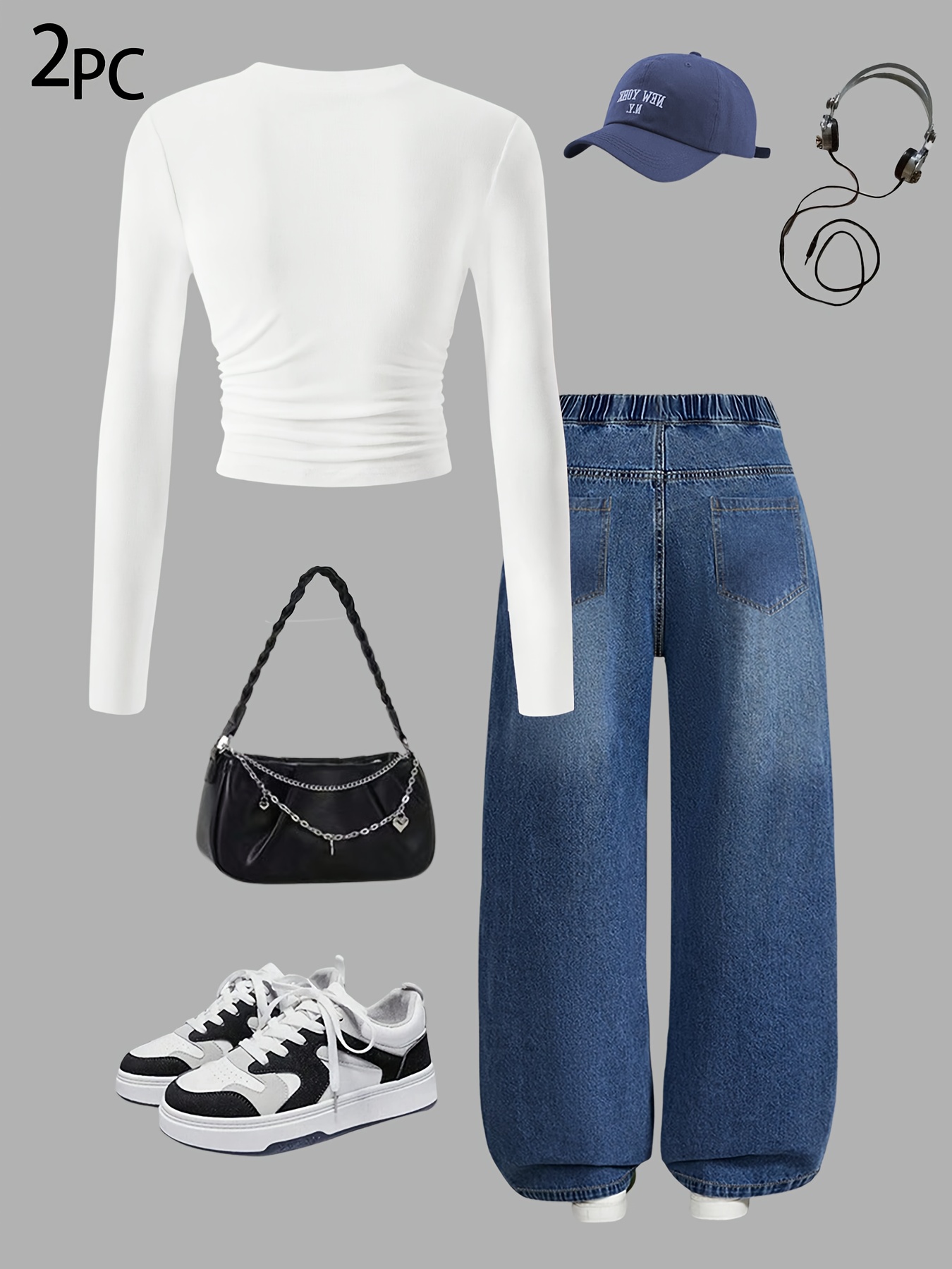 Girls Star Print Washed Denim Long Sleeve Top Wide Leg Jeans 2-Piece Set Fall - 图片 4