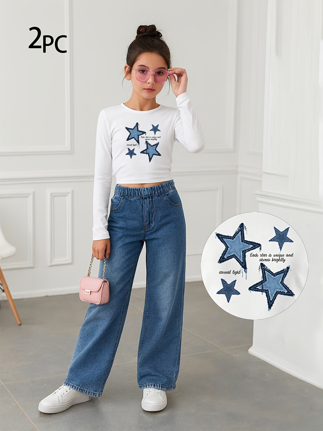 Girls Star Print Washed Denim Long Sleeve Top Wide Leg Jeans 2-Piece Set Fall - 图片 2