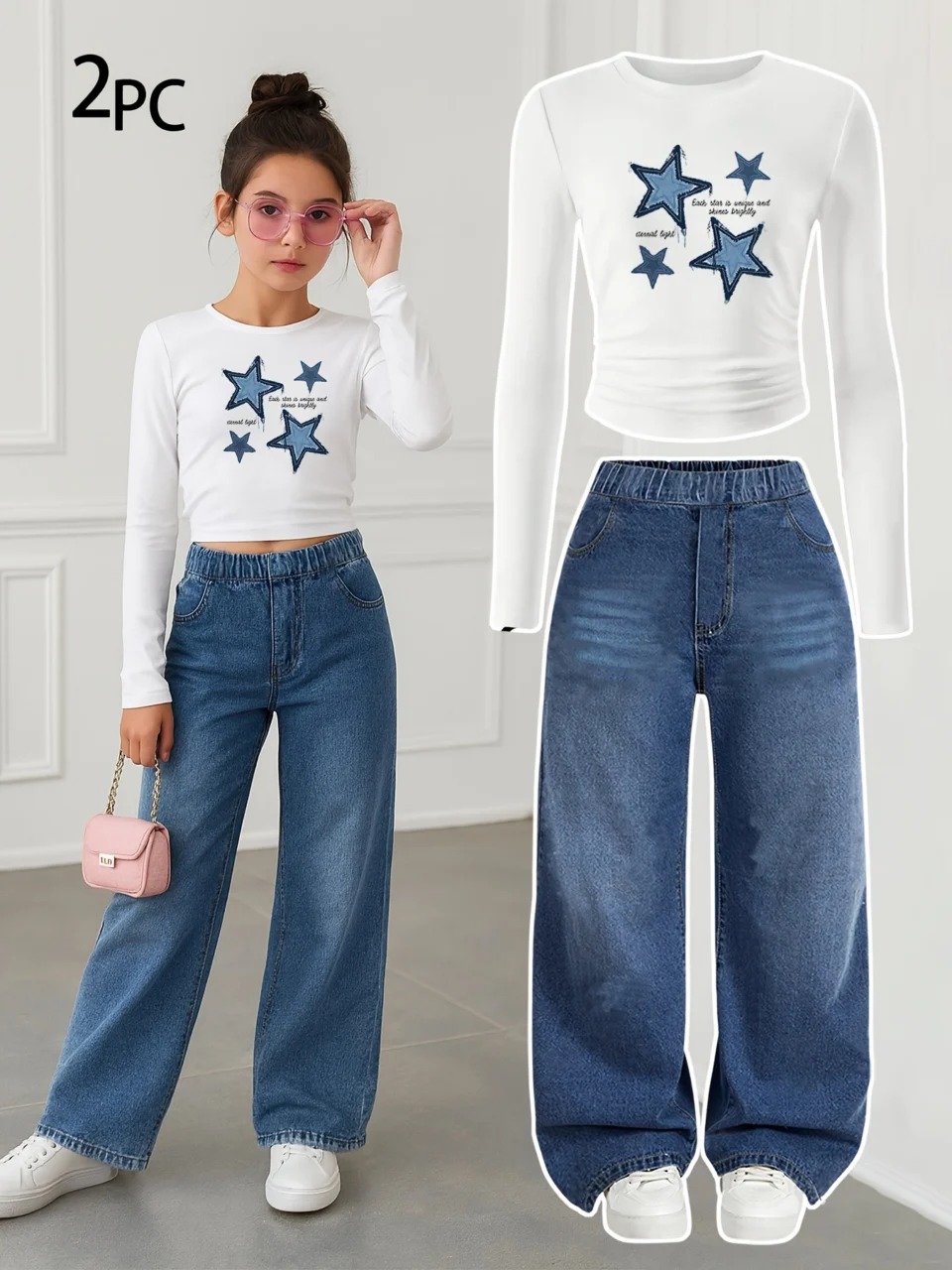 Girls Star Print Washed Denim Long Sleeve Top Wide Leg Jeans 2-Piece Set Fall
