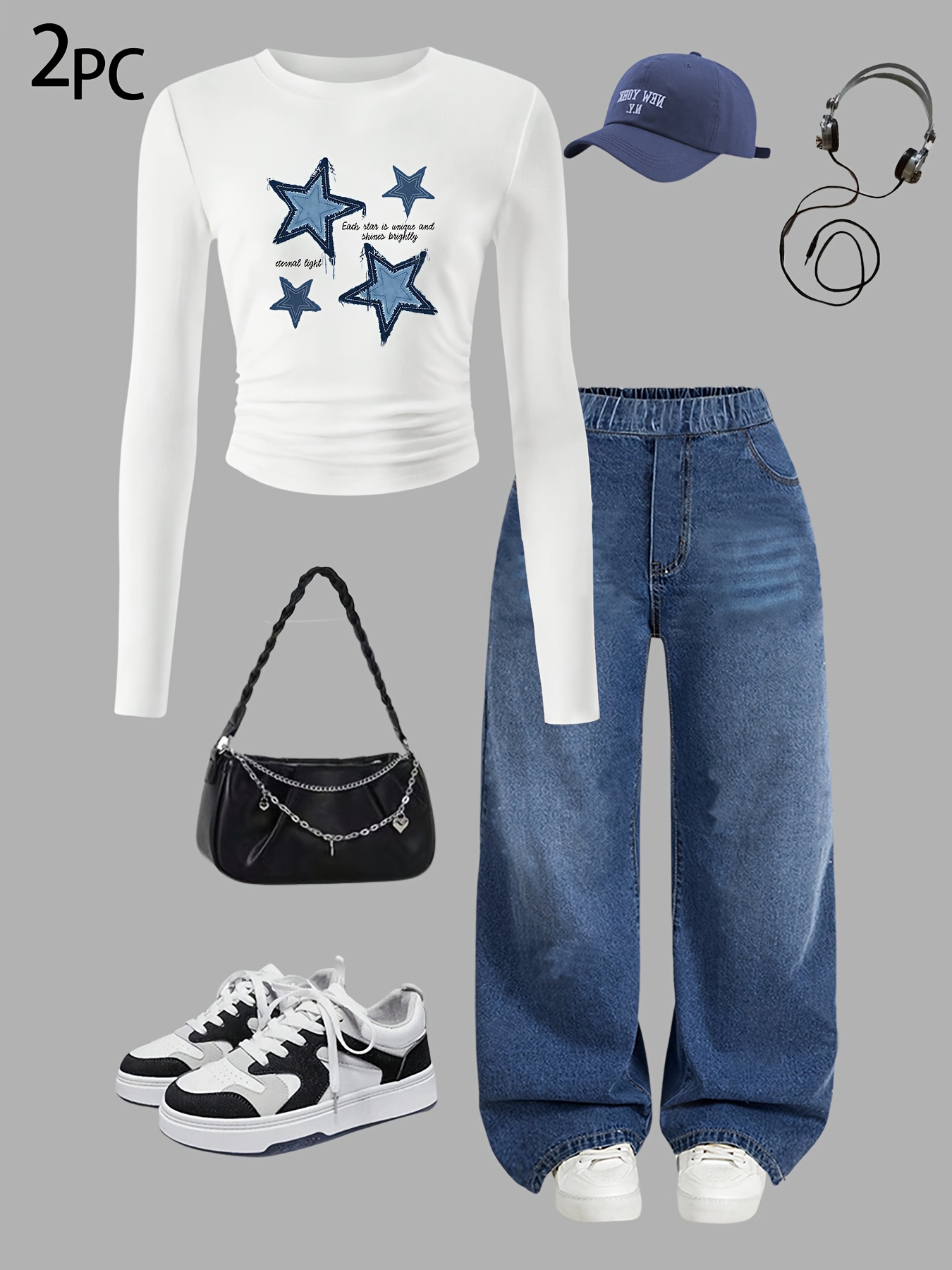 Girls Star Print Washed Denim Long Sleeve Top Wide Leg Jeans 2-Piece Set Fall - 图片 3
