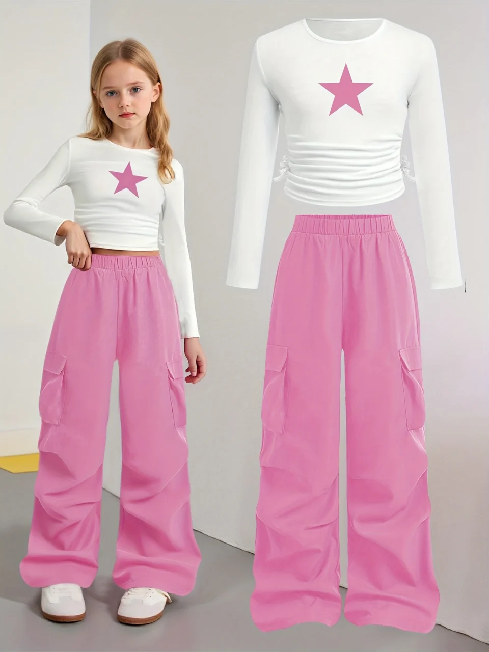 Girls Star Print Long Sleeve T-Shirt Wide Leg Pants 2-Piece Set Fall