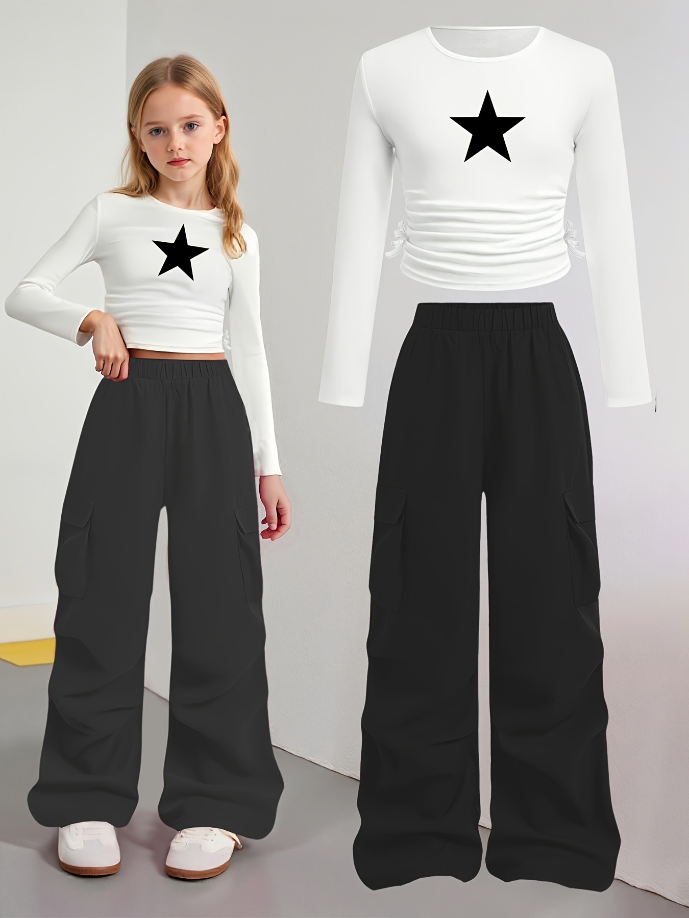 Girls Star Print Long Sleeve T-Shirt Wide Leg Pants 2-Piece Set Fall - 图片 2