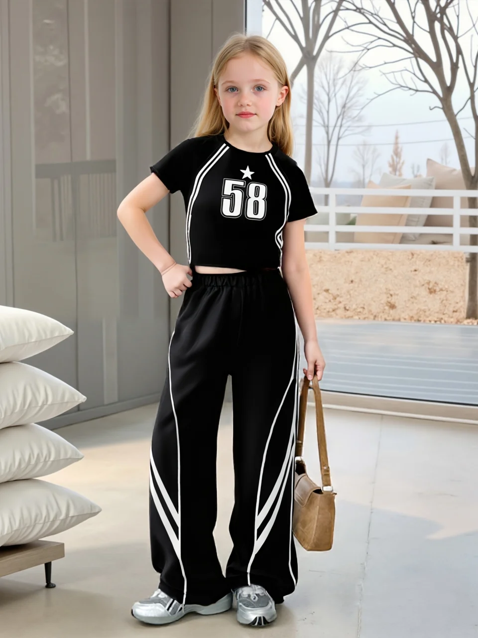 Girls Y2K Side Stripe T-Shirt Sweatpants 2-Piece Set Spring Summer