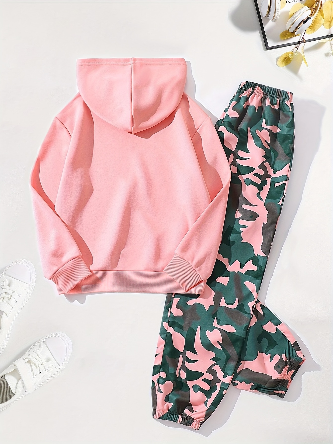 Girls Letter Print Camouflage Hoodie Pants 2-Piece Set Fall - 图片 2