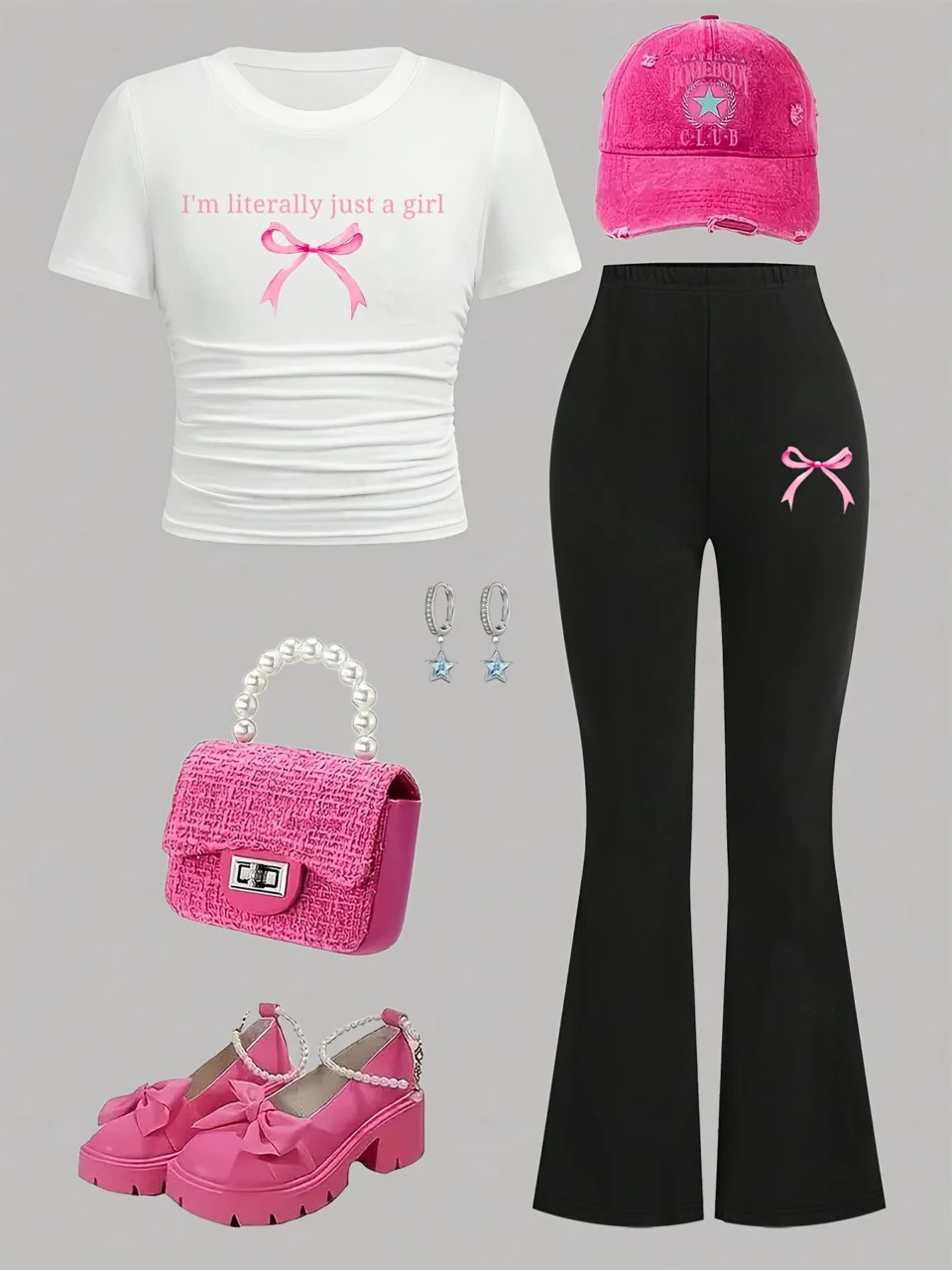 Girls Bow Print T-Shirt Flare Pants 2-Piece Set Summer