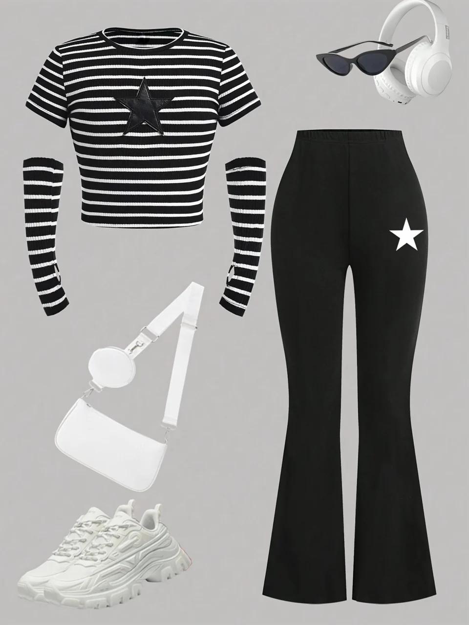 Girls Striped Star Print Striped Top Flare Pants 2-Piece Set Summer