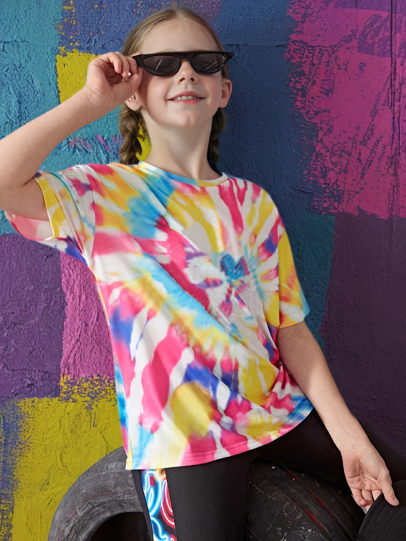 Girls Tie Dye Graphic T-Shirt Leggings 2-Piece Set Spring Summer - 图片 3