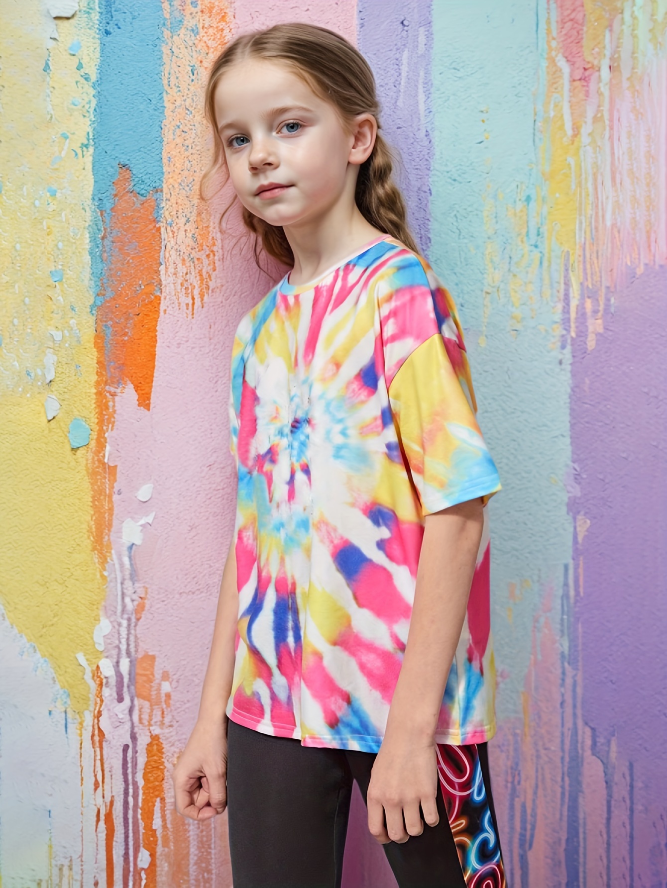 Girls Tie Dye Graphic T-Shirt Leggings 2-Piece Set Spring Summer - 图片 2