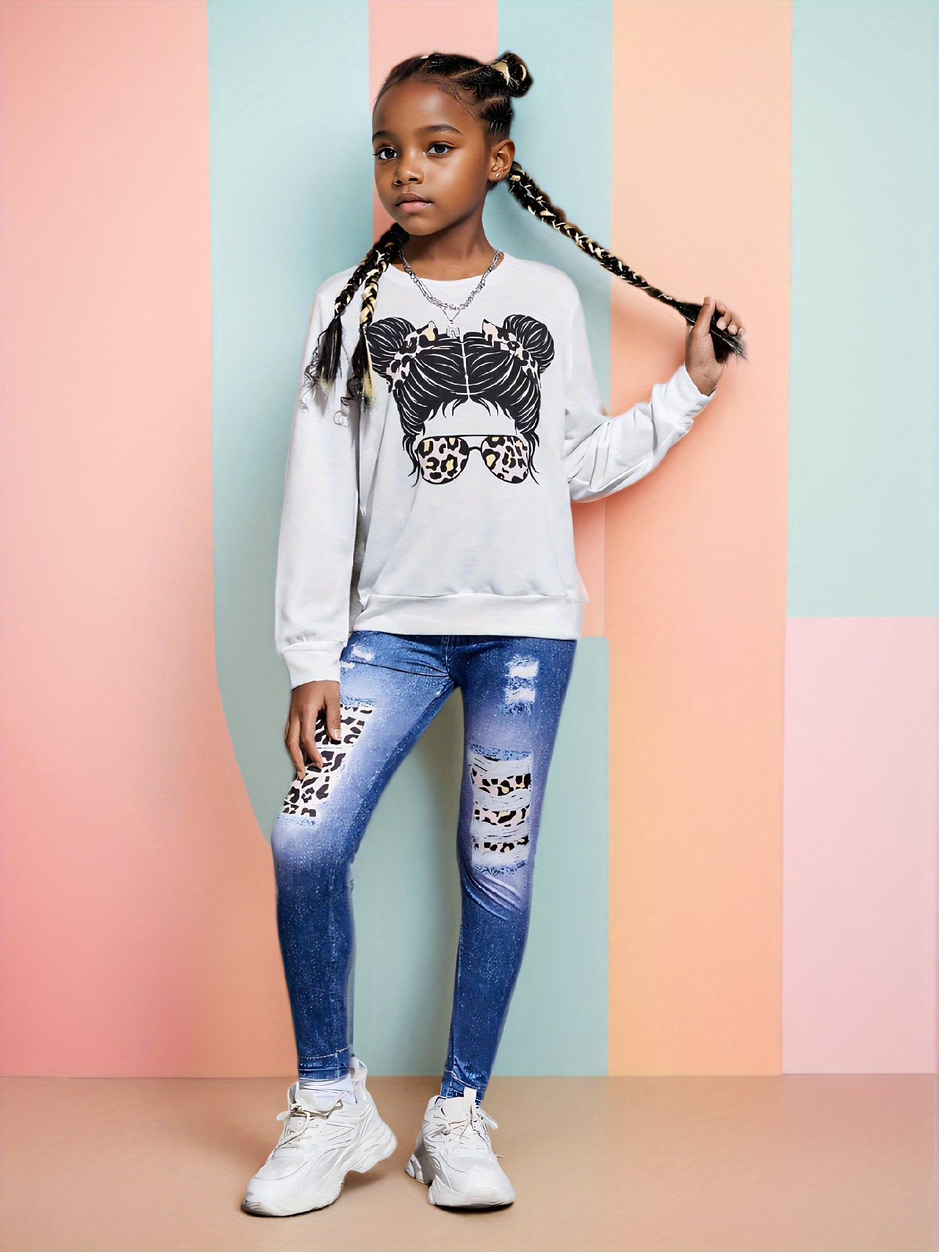 Girls Leopard Print Graphic Sweatshirt Jeans 2-Piece Set Fall - 图片 5