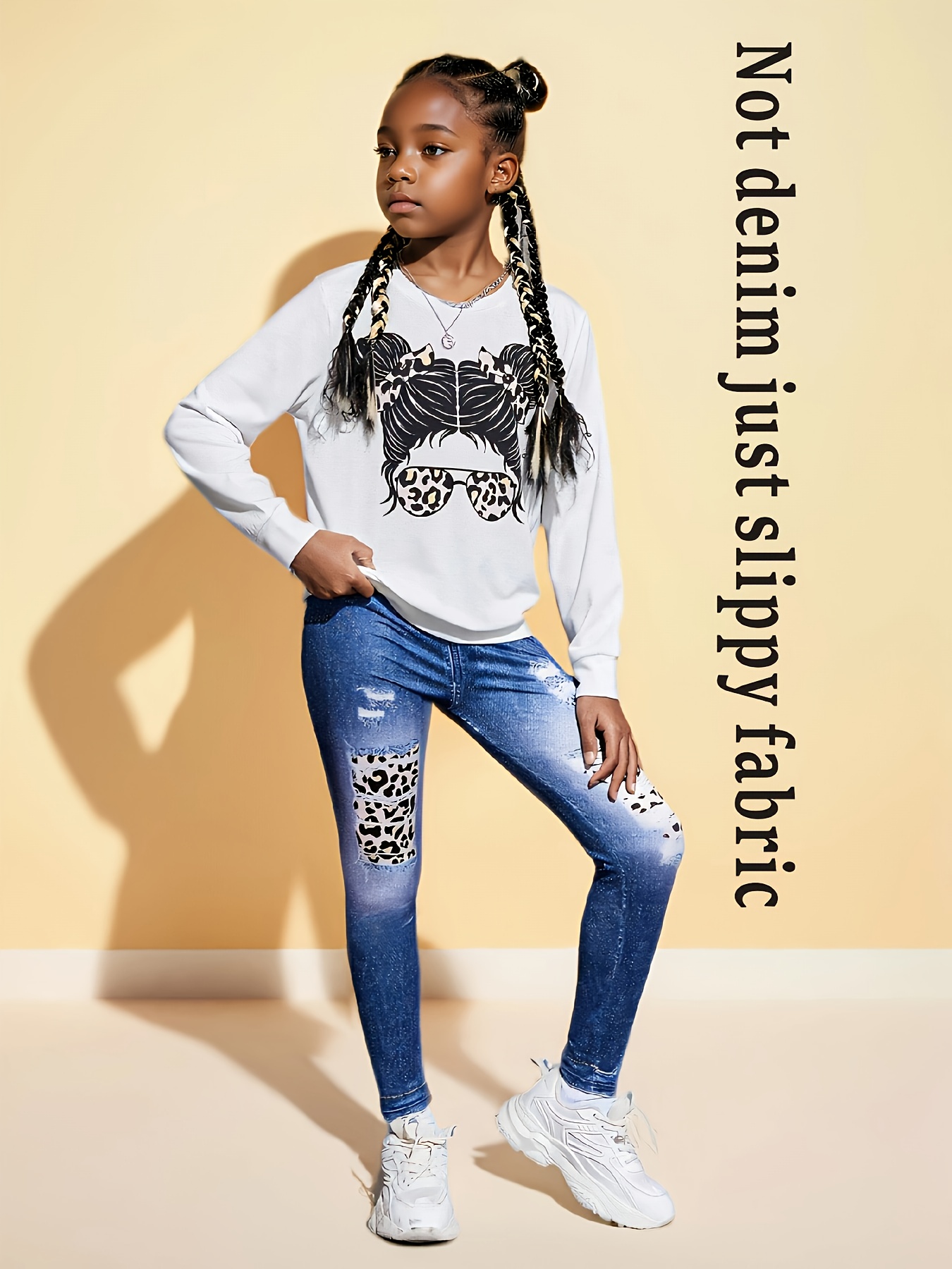 Girls Leopard Print Graphic Sweatshirt Jeans 2-Piece Set Fall - 图片 2
