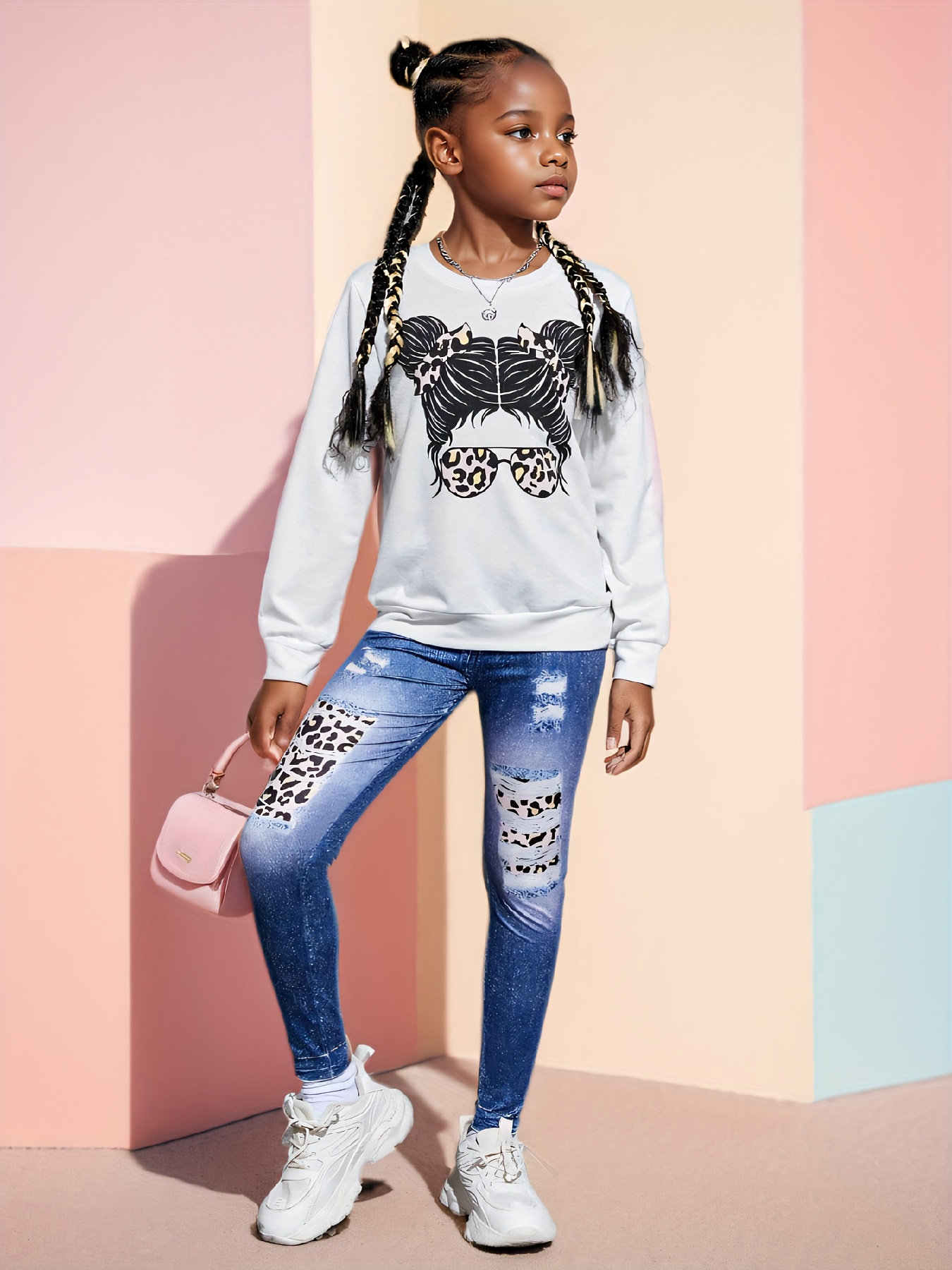 Girls Leopard Print Graphic Sweatshirt Jeans 2-Piece Set Fall - 图片 4