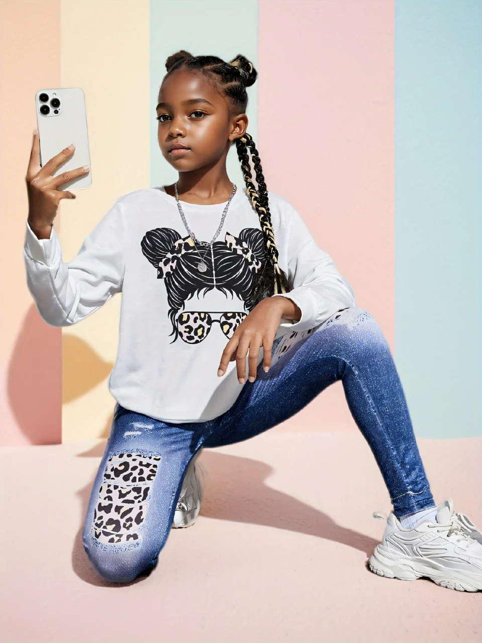 Girls Leopard Print Graphic Sweatshirt Jeans 2-Piece Set Fall