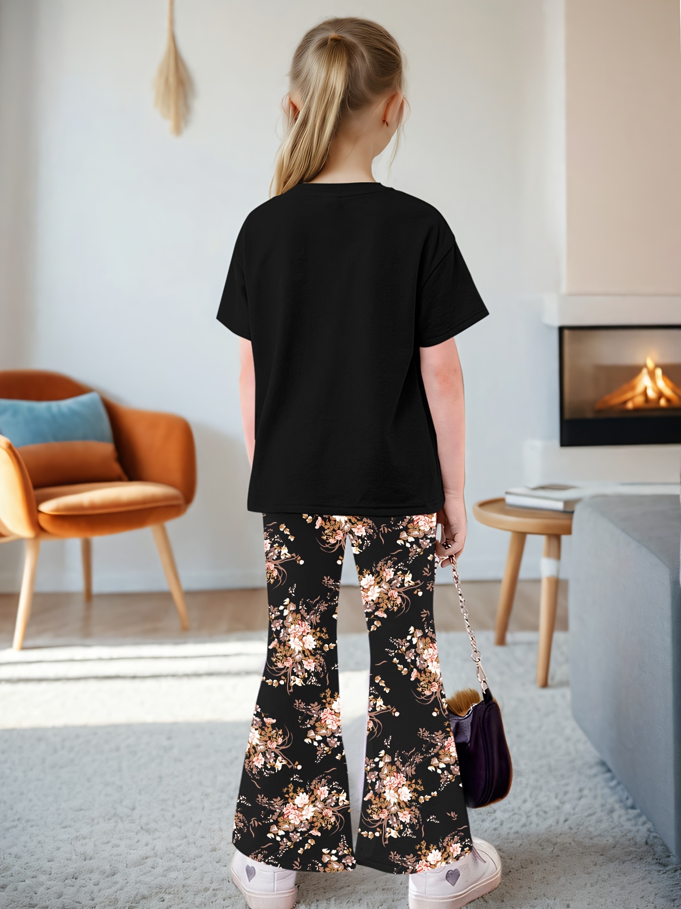 Girls Floral T-Shirt Flare Pants 2-Piece Set Summer - 图片 2