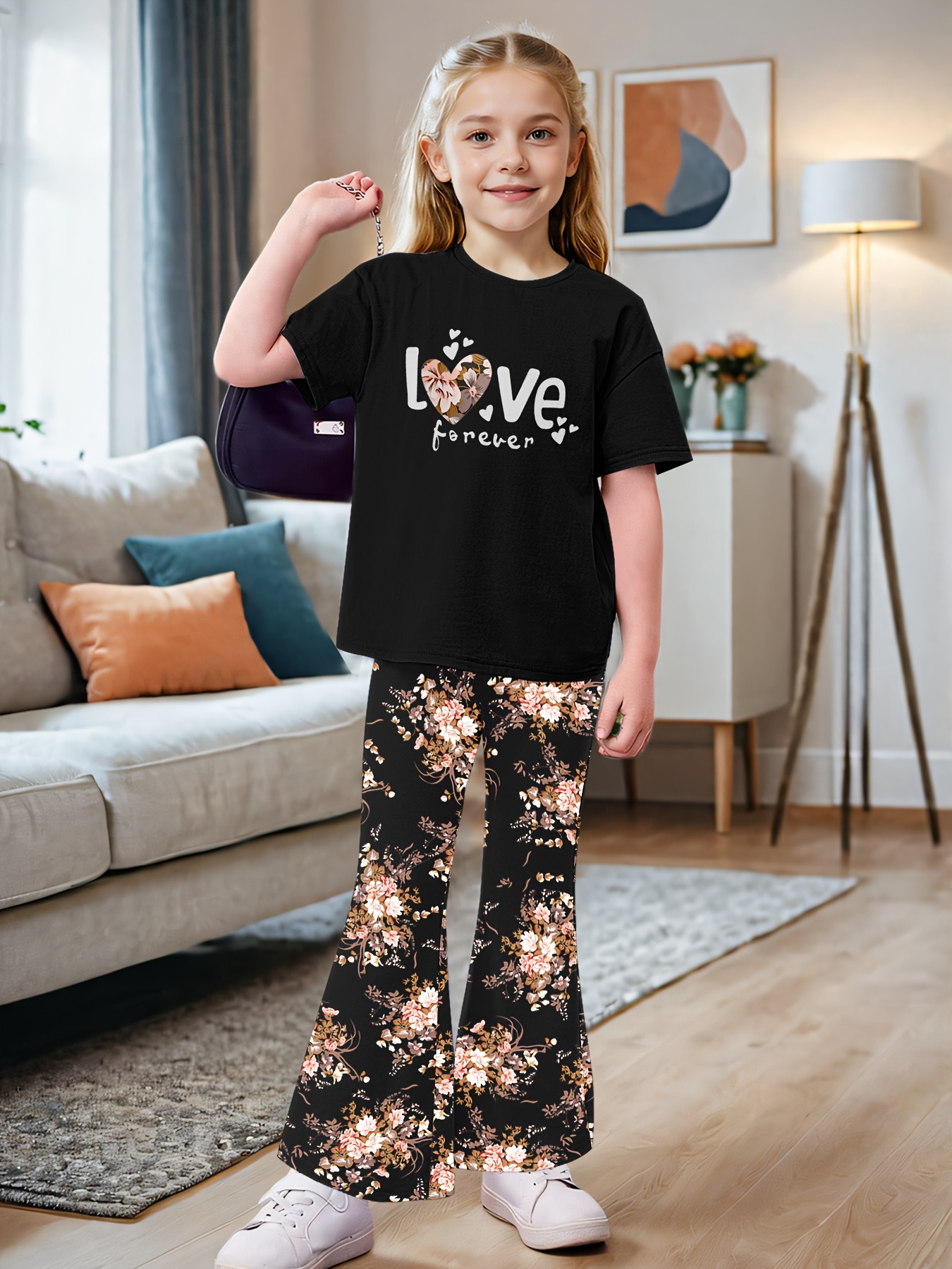 Girls Floral T-Shirt Flare Pants 2-Piece Set Summer - 图片 4