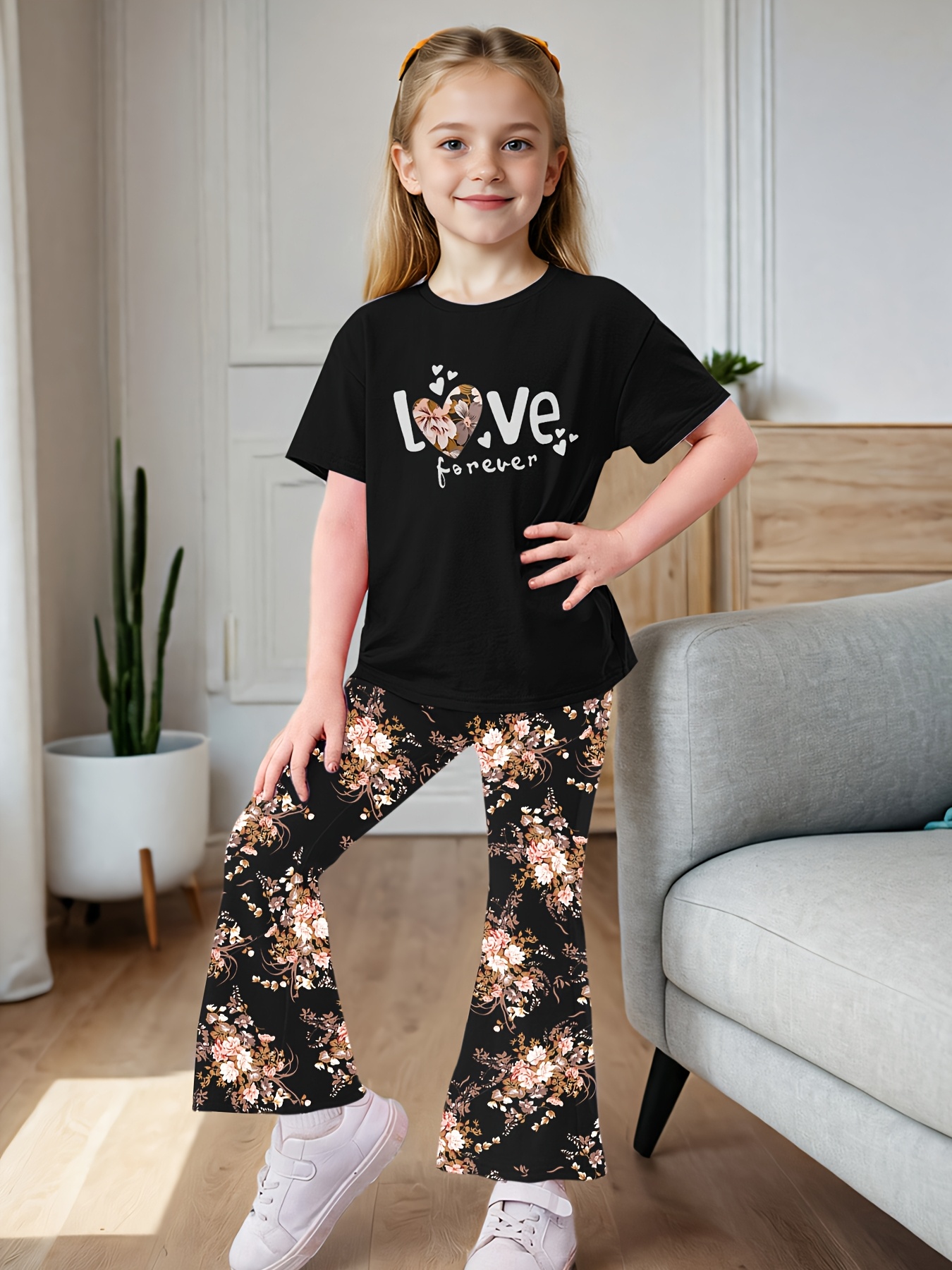 Girls Floral T-Shirt Flare Pants 2-Piece Set Summer - 图片 3