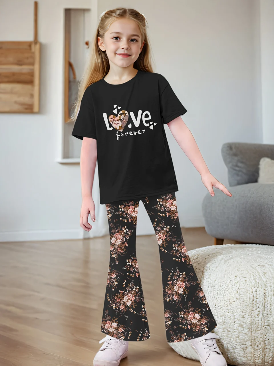 Girls Floral T-Shirt Flare Pants 2-Piece Set Summer
