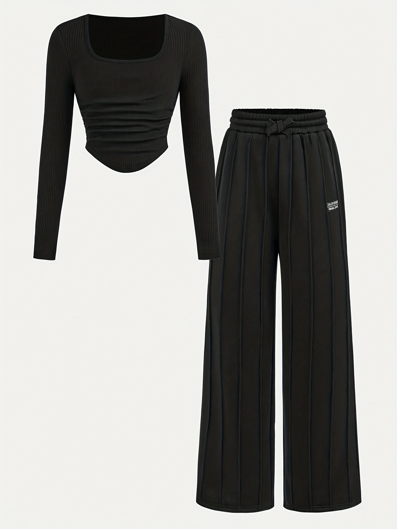 Girls Streetwear Ribbed Long Sleeve Top Wide Leg Pants 2-Piece Set Fall - 图片 2