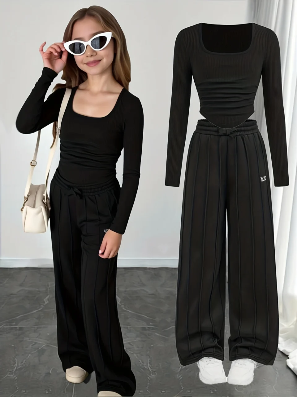 Girls Streetwear Ribbed Long Sleeve Top Wide Leg Pants 2-Piece Set Fall