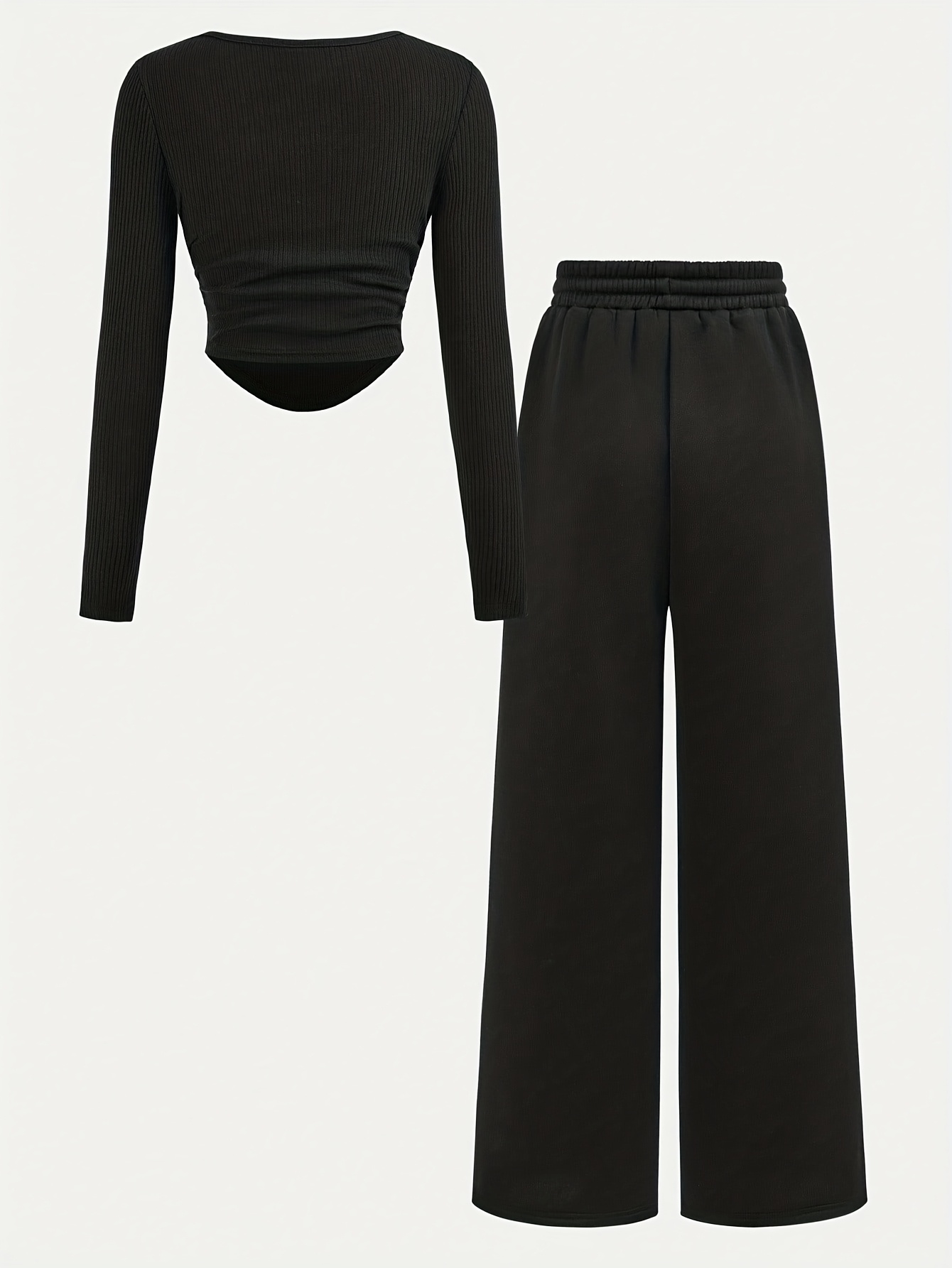 Girls Streetwear Ribbed Long Sleeve Top Wide Leg Pants 2-Piece Set Fall - 图片 3