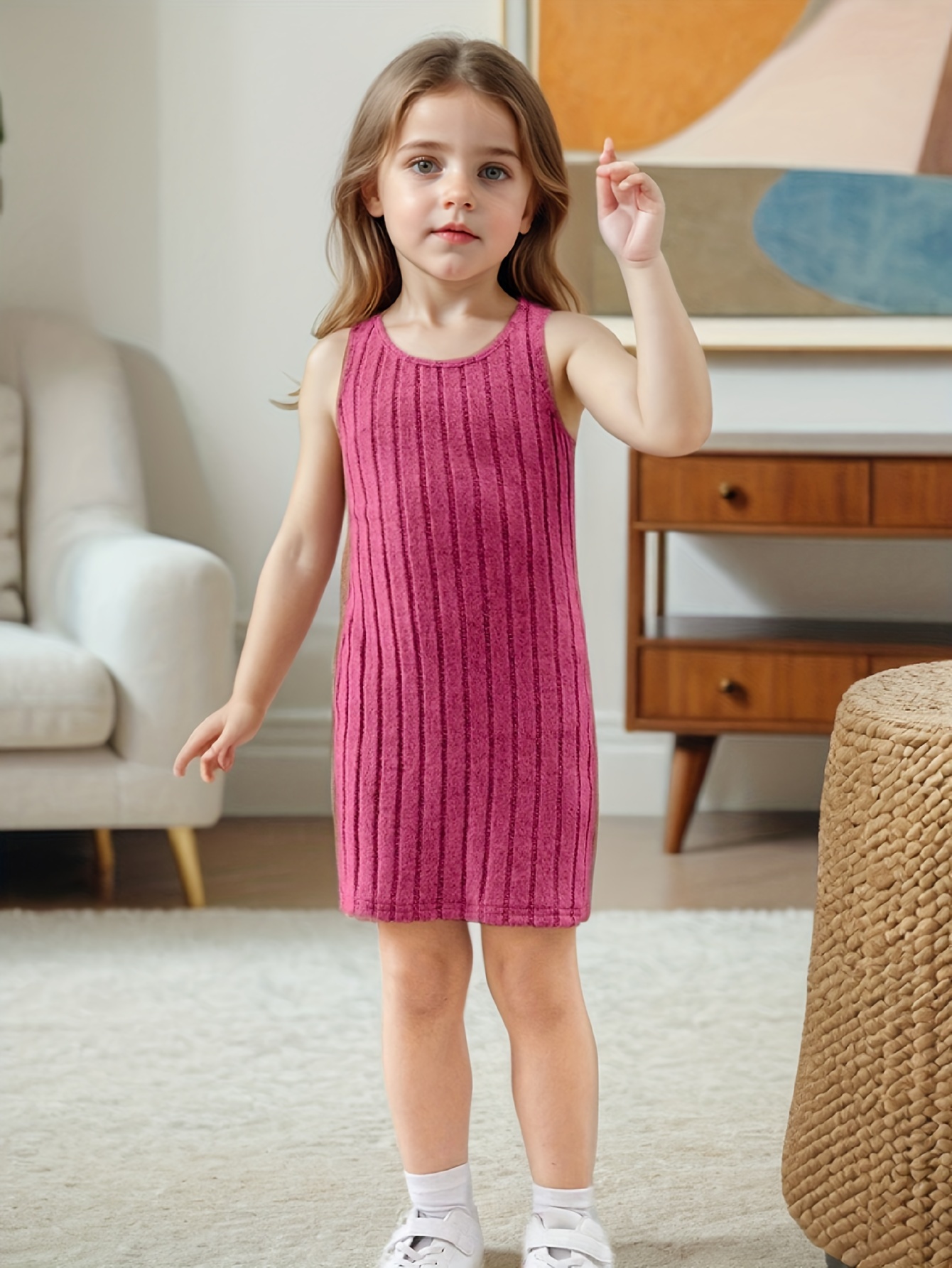Girls Solid Ribbed Sweater Dress Spring Summer - 图片 3