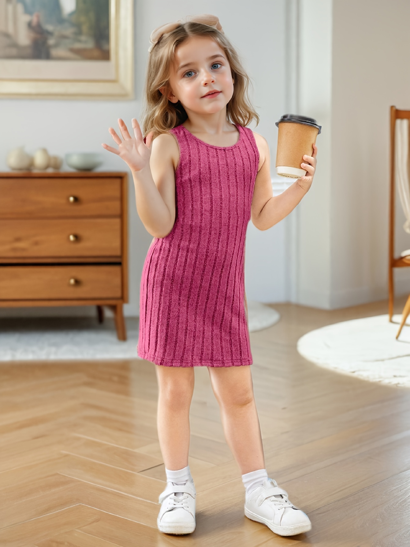 Girls Solid Ribbed Sweater Dress Spring Summer - 图片 2