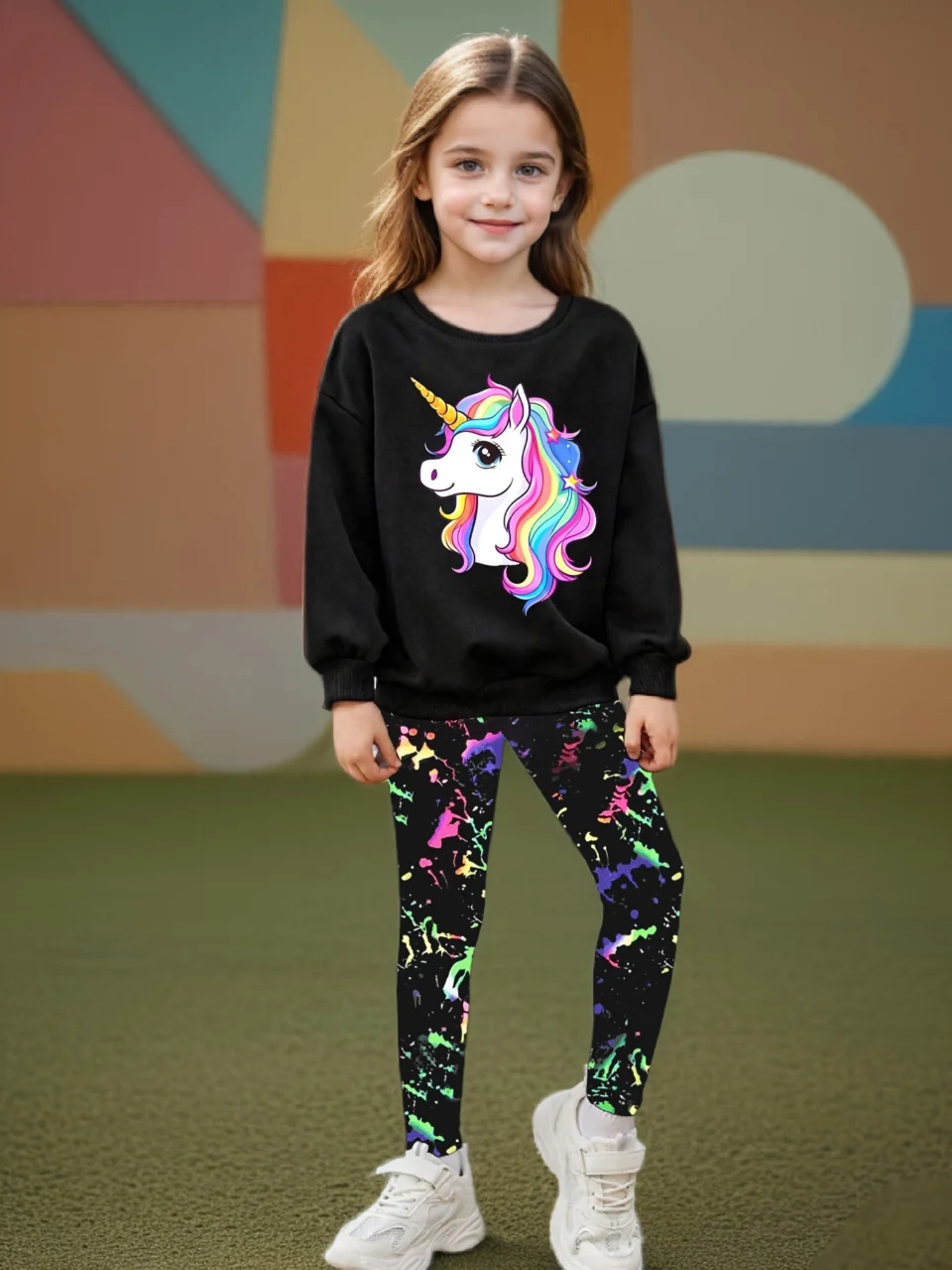 Girls Unicorn Graphic Cartoon Print Sweatshirt Leggings 2-Piece Set Fall
