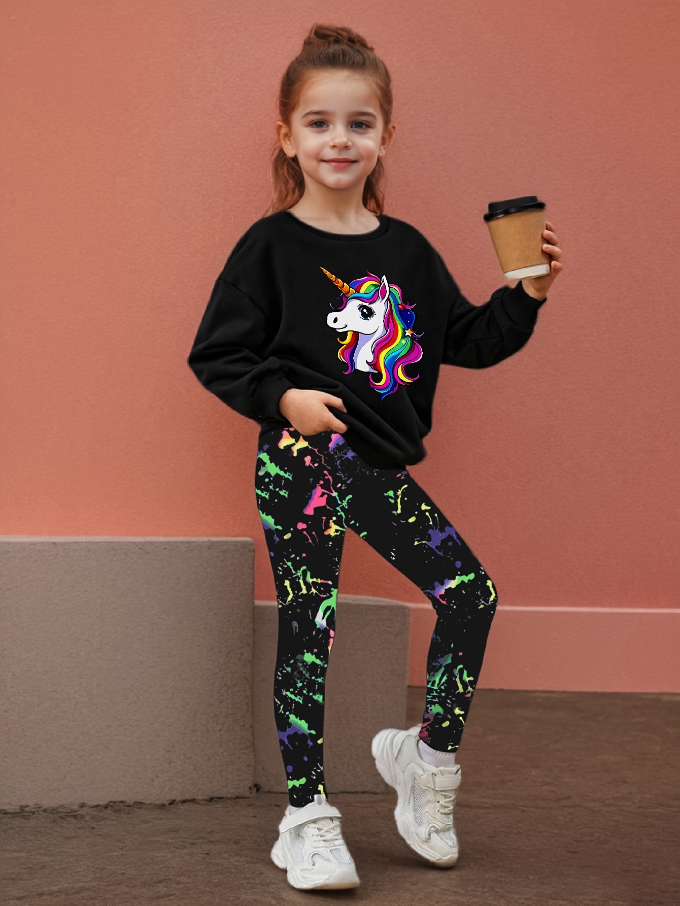 Girls Unicorn Graphic Cartoon Print Sweatshirt Leggings 2-Piece Set Fall - 图片 4